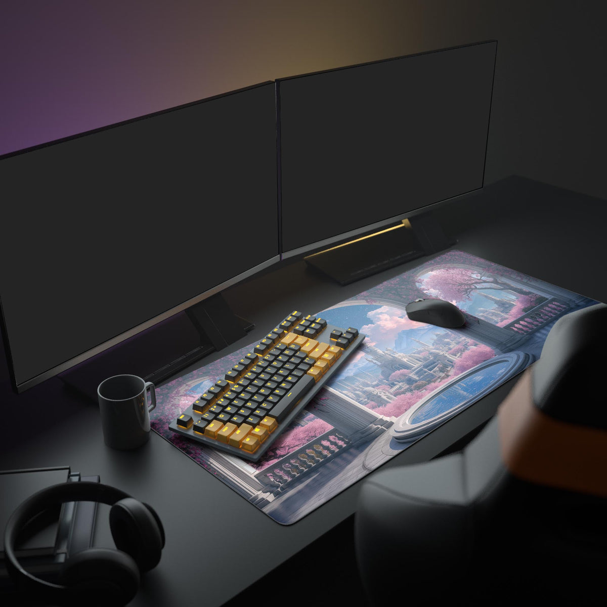 Desk mat on a dark desk by dual monitors, keyboard, mug and headphones; pink blossom balcony view of a fantasy city - Epic Design Pads & Mousepads