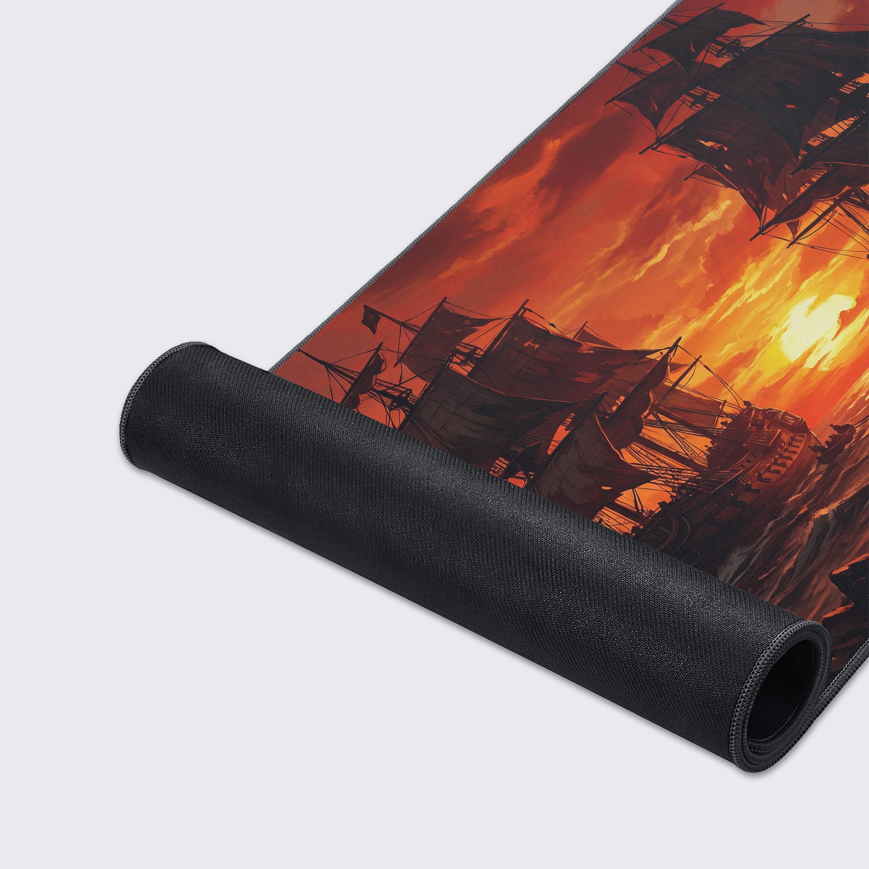 Features of the maritime desk mat showing non-slip base, waterproof, and smooth surface icons.