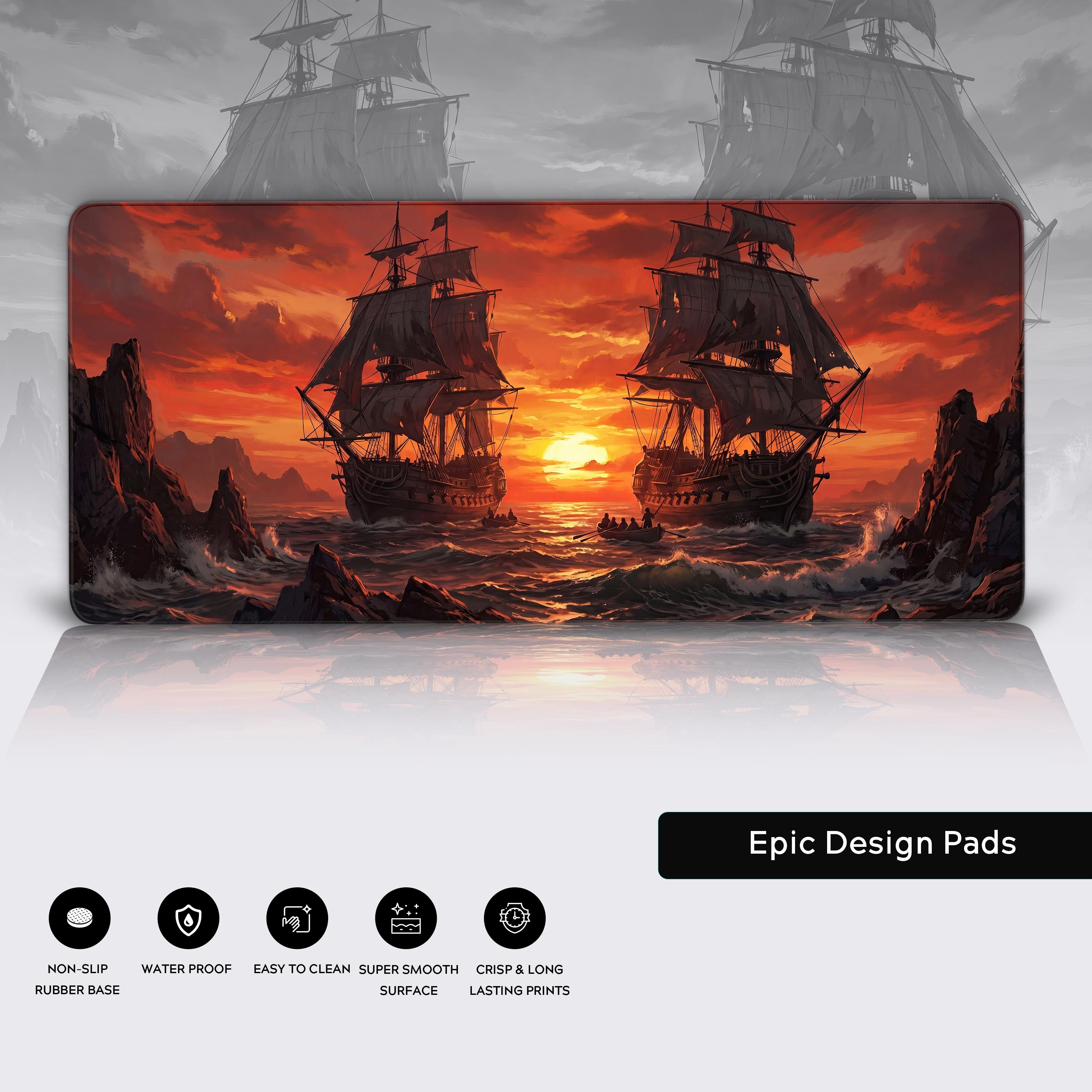 Large cinematic ocean sunset mouse pad enhancing a modern gaming setup.