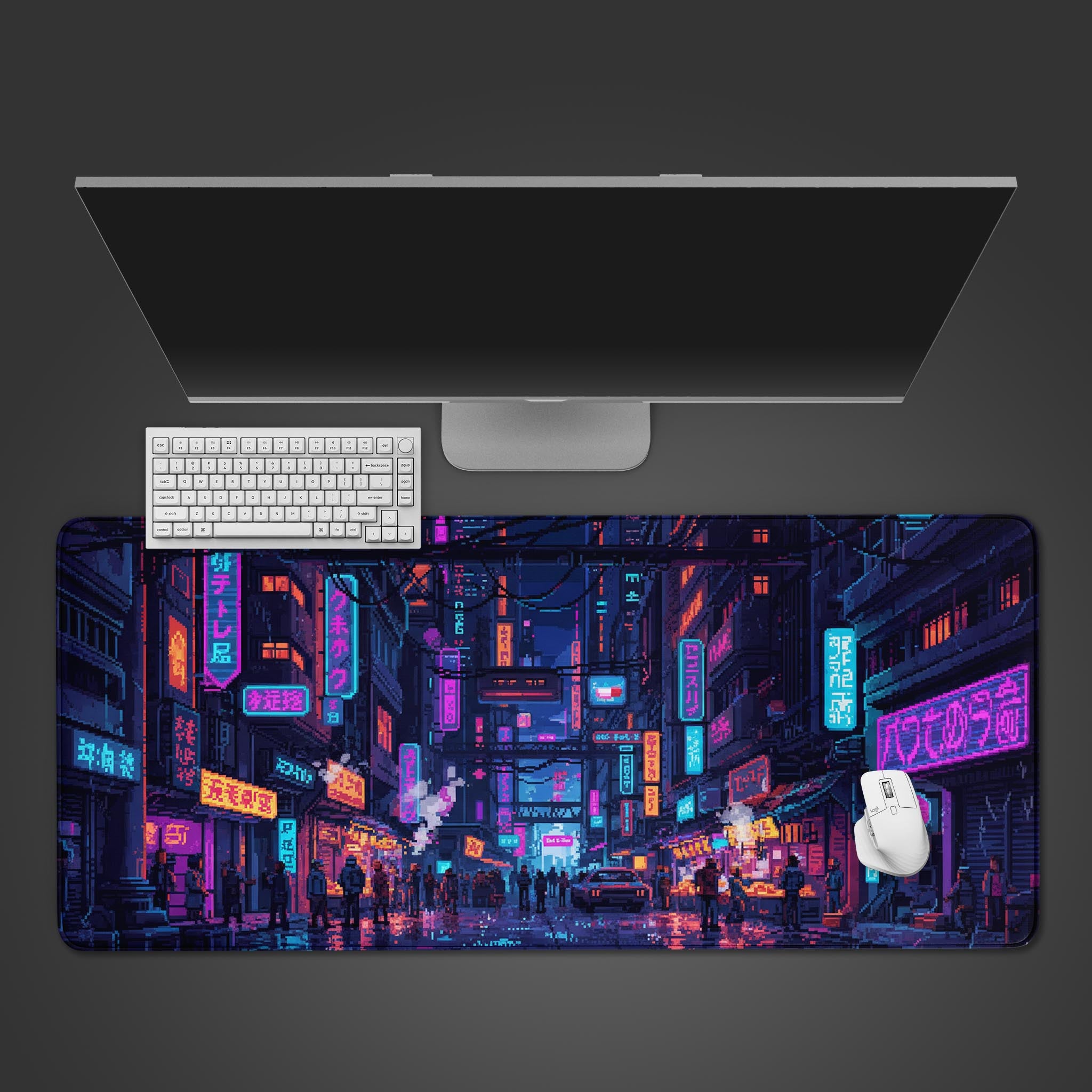 Pixel Alley cyberpunk desk mat with an 8-bit neon Japanese cityscape – shown on a desktop with a keyboard and mouse. - Epic Design Pads