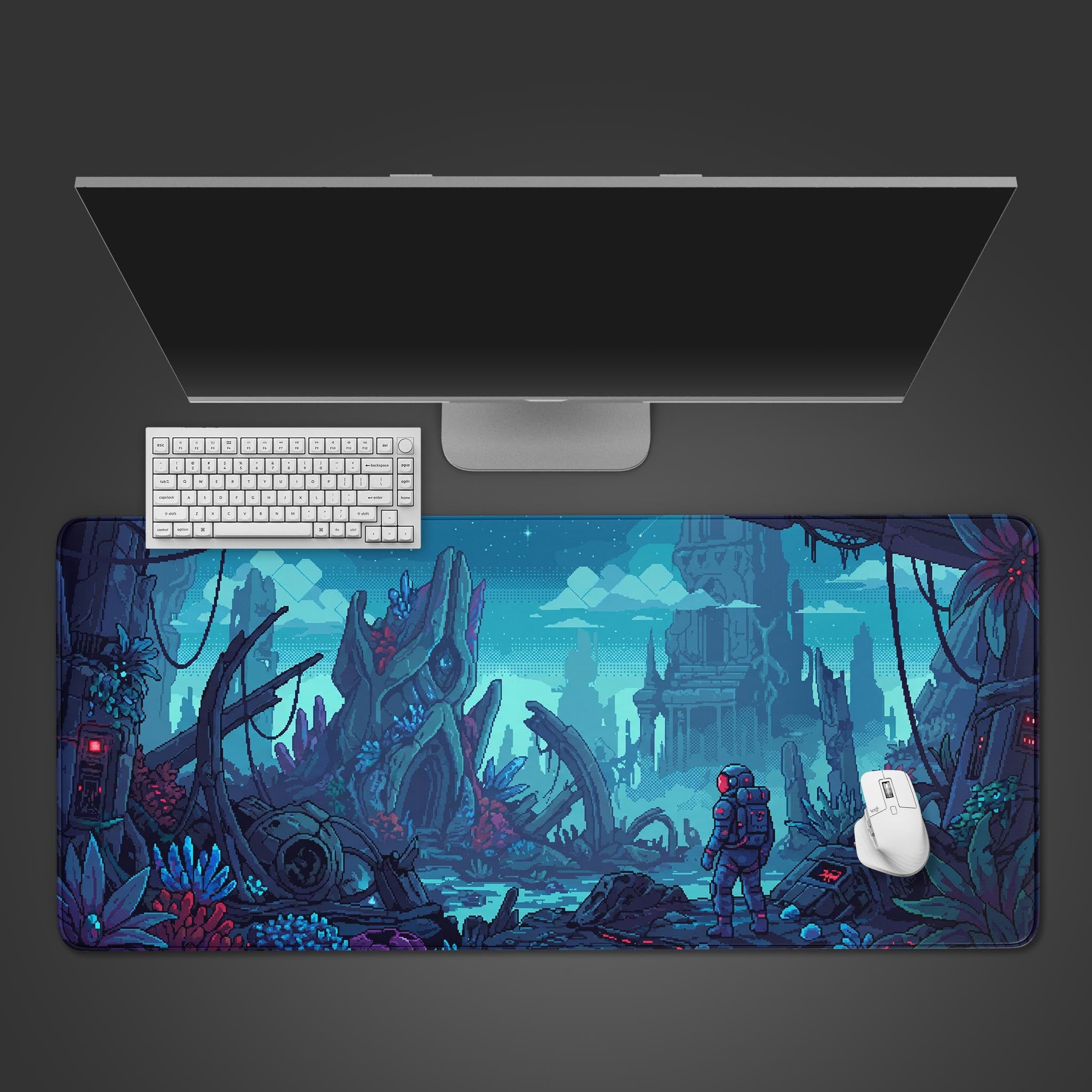 Pixel art desk mat featuring an astronaut exploring glowing blue alien ruins