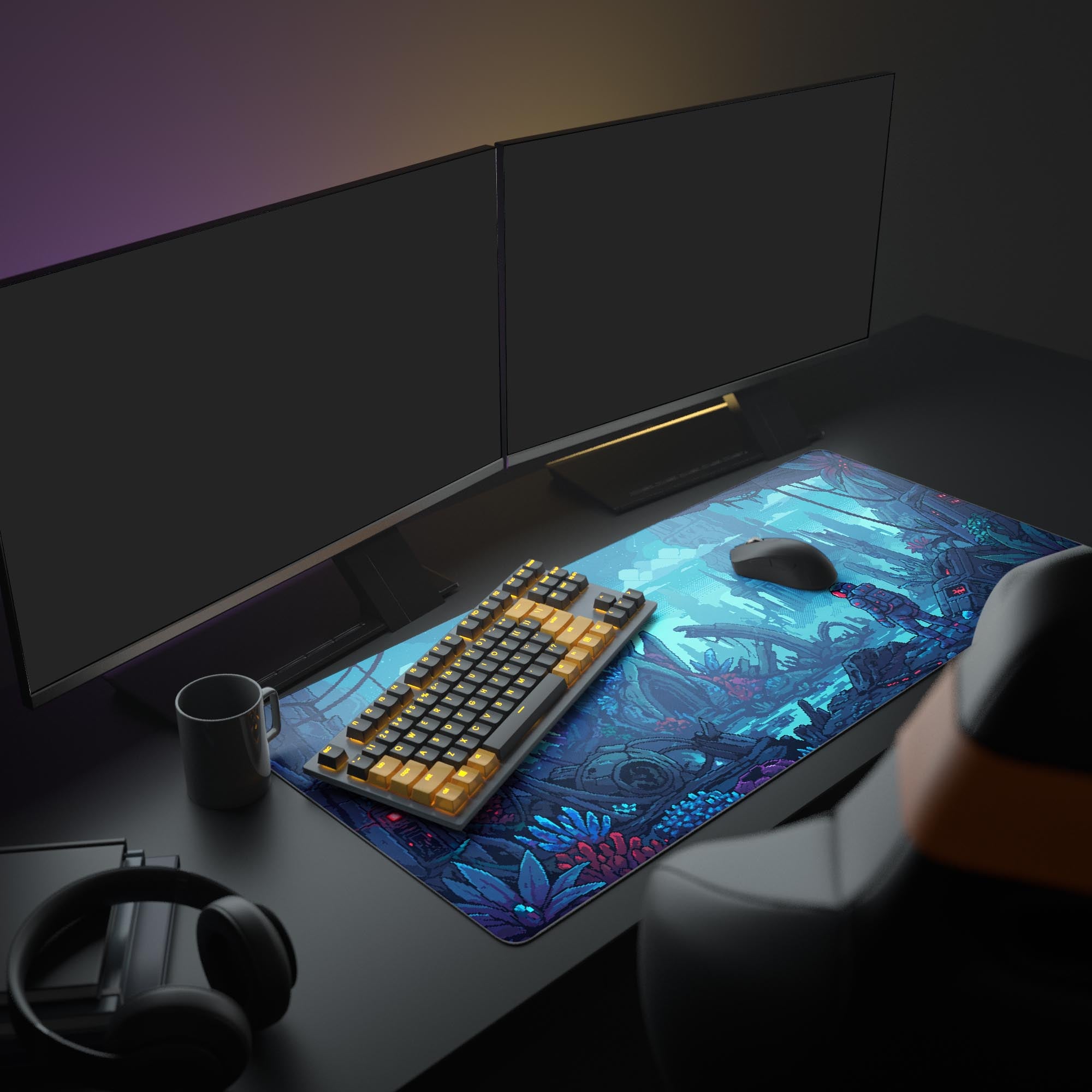 Close up of sci-fi pixel art mouse pad showing vibrant cyan flora and crashed ship details