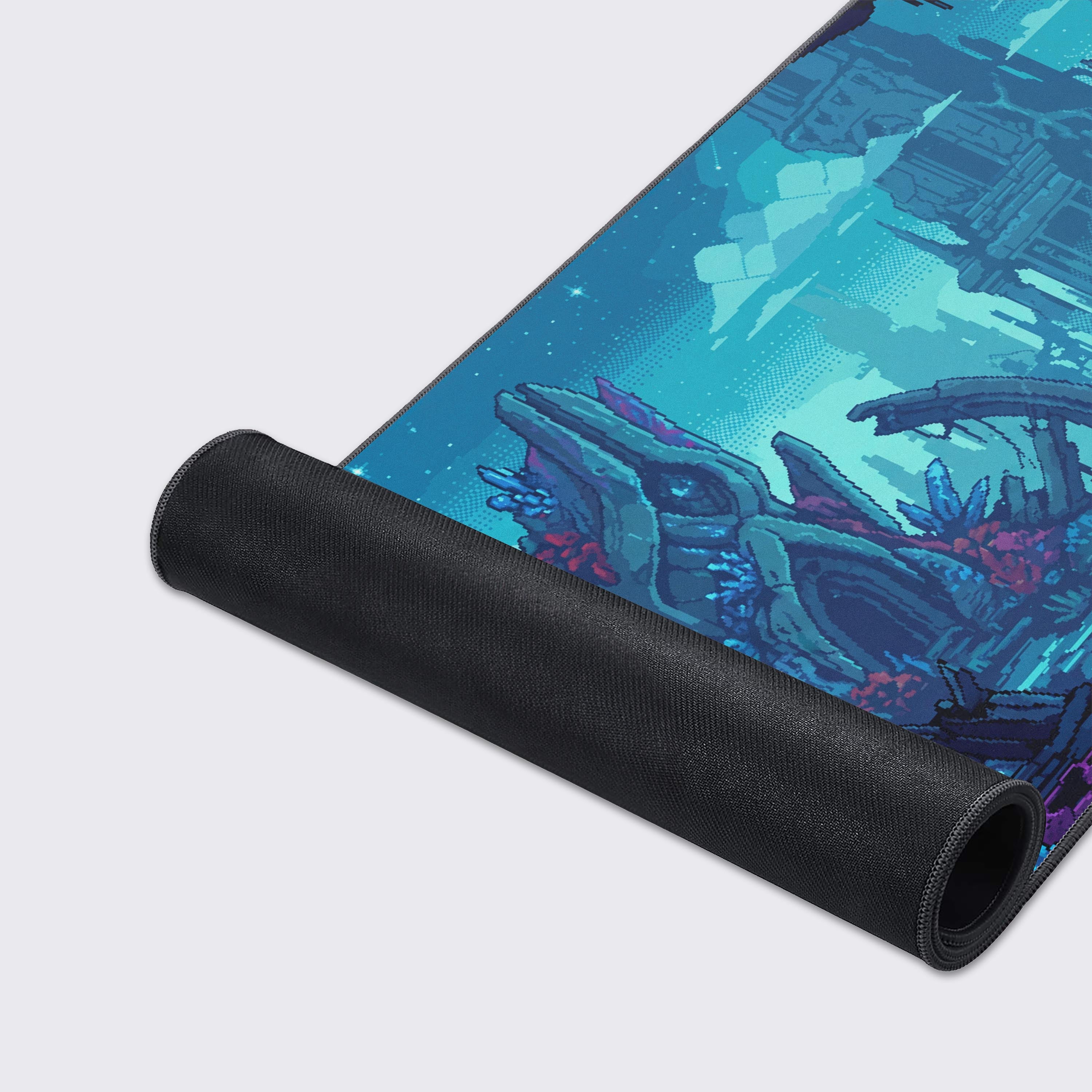 Features of the gaming desk mat including waterproof surface, non-slip base, and easy clean icons