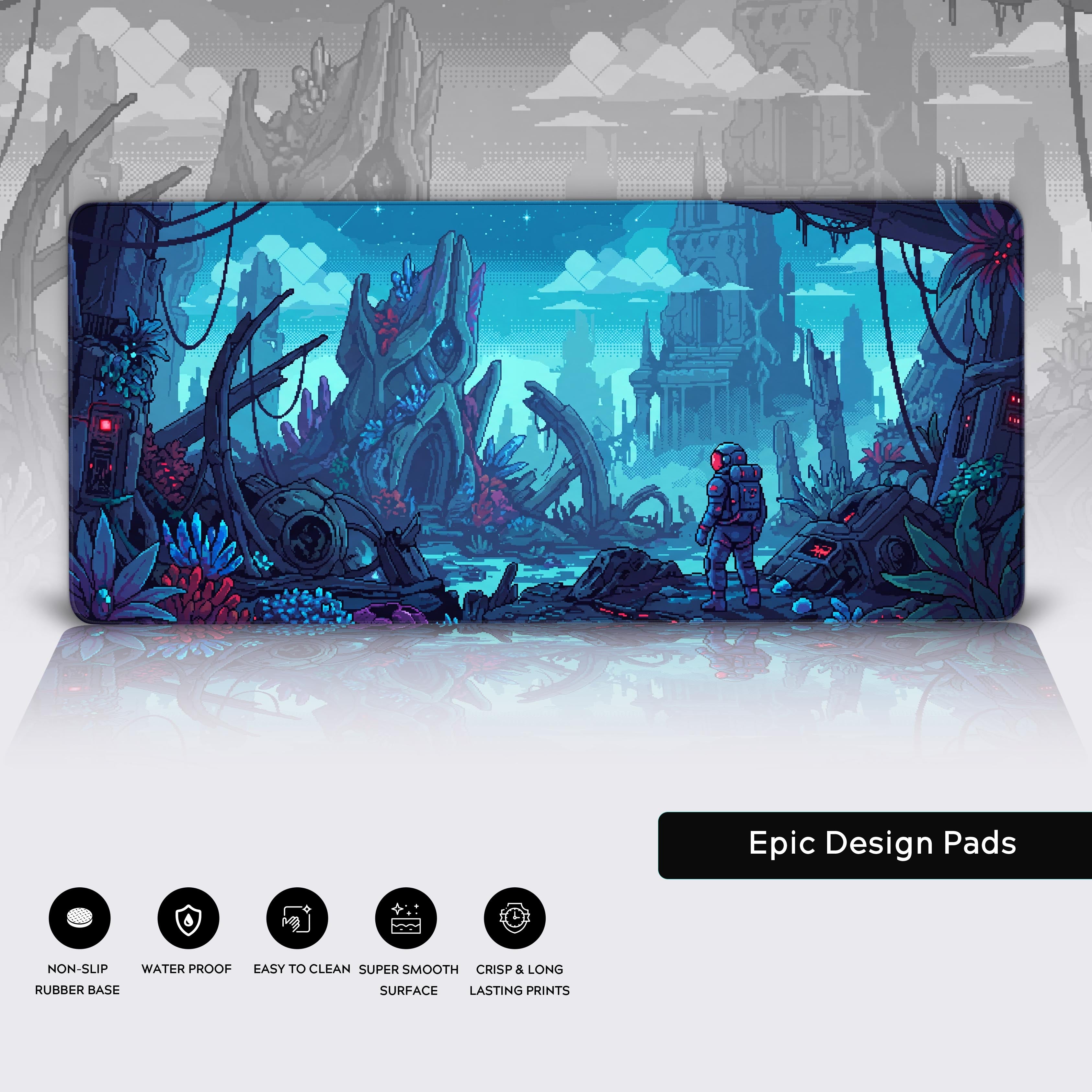 Large extended sci-fi pixel art desk mat with astronaut anchoring a glowing blue gaming setup