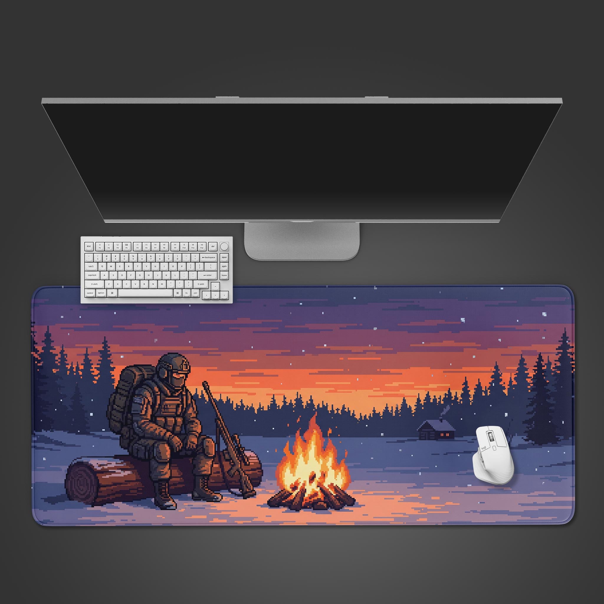 A desk mat featuring a pixel art winter landscape with a tactical soldier sitting by a campfire at sunset.