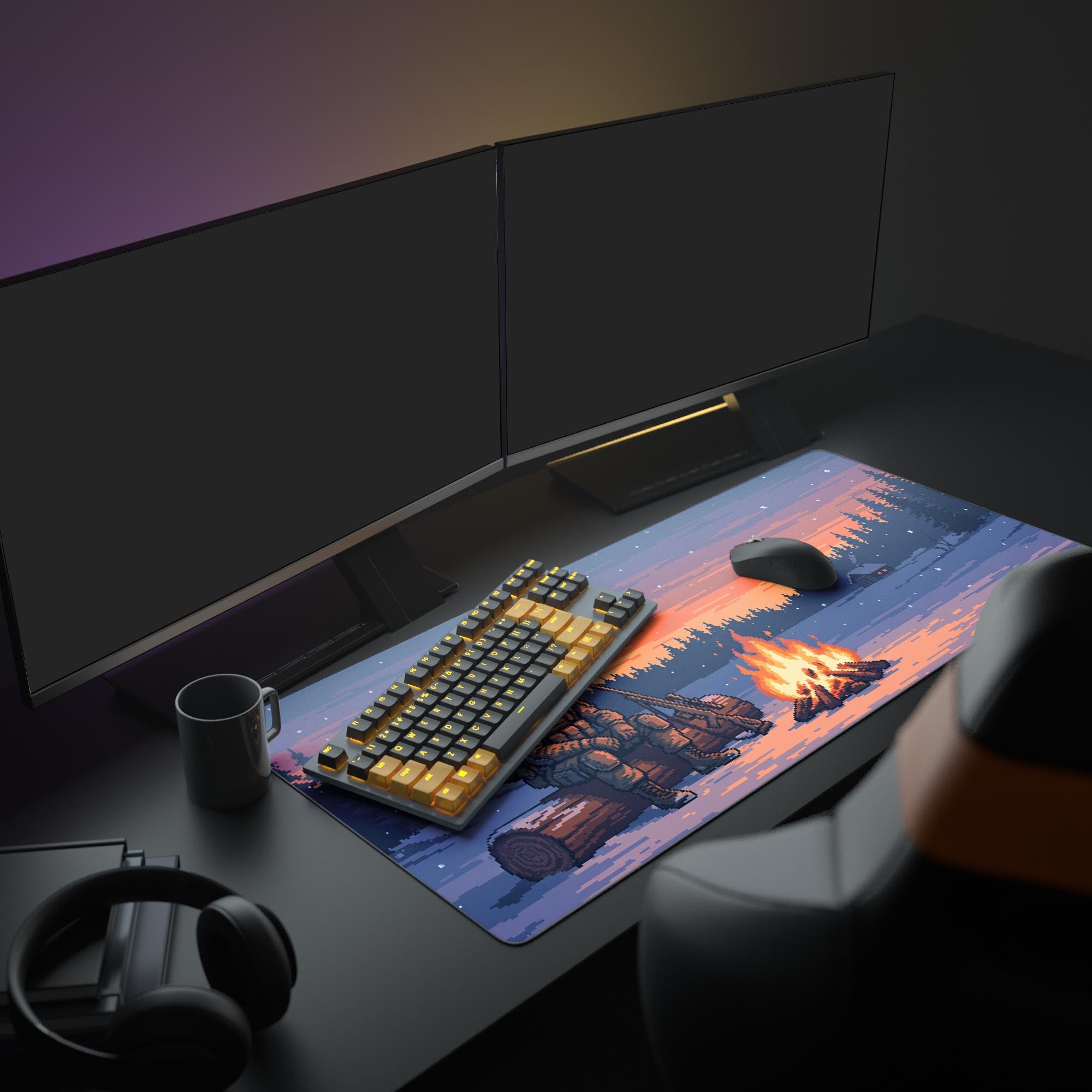 Close up of the pixel art campfire, soldier in tactical gear, and sniper rifle leaning against a log on the desk mat.