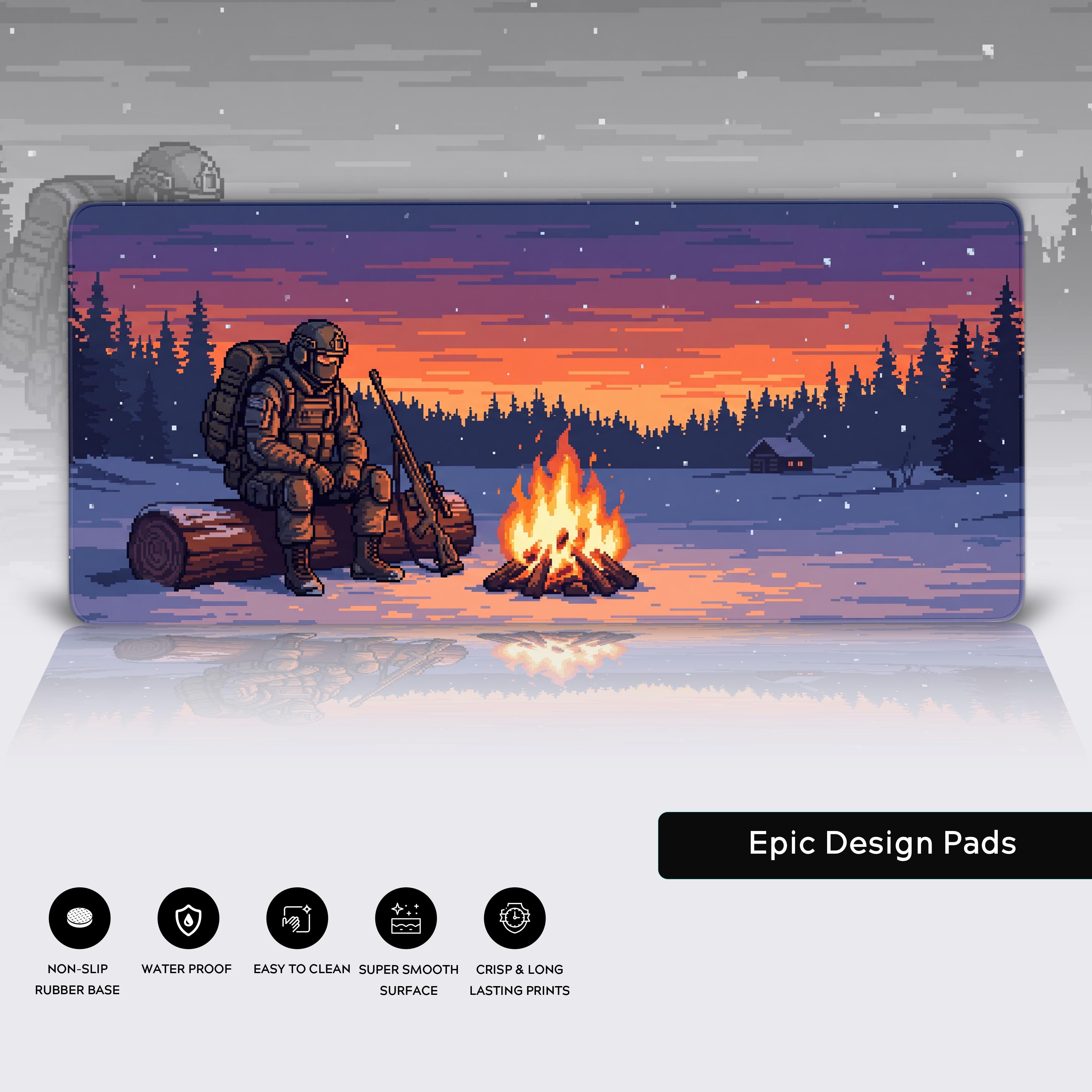 View of the vibrant pixel art sunset with orange and dark purple hues across the winter sky on the desk mat.