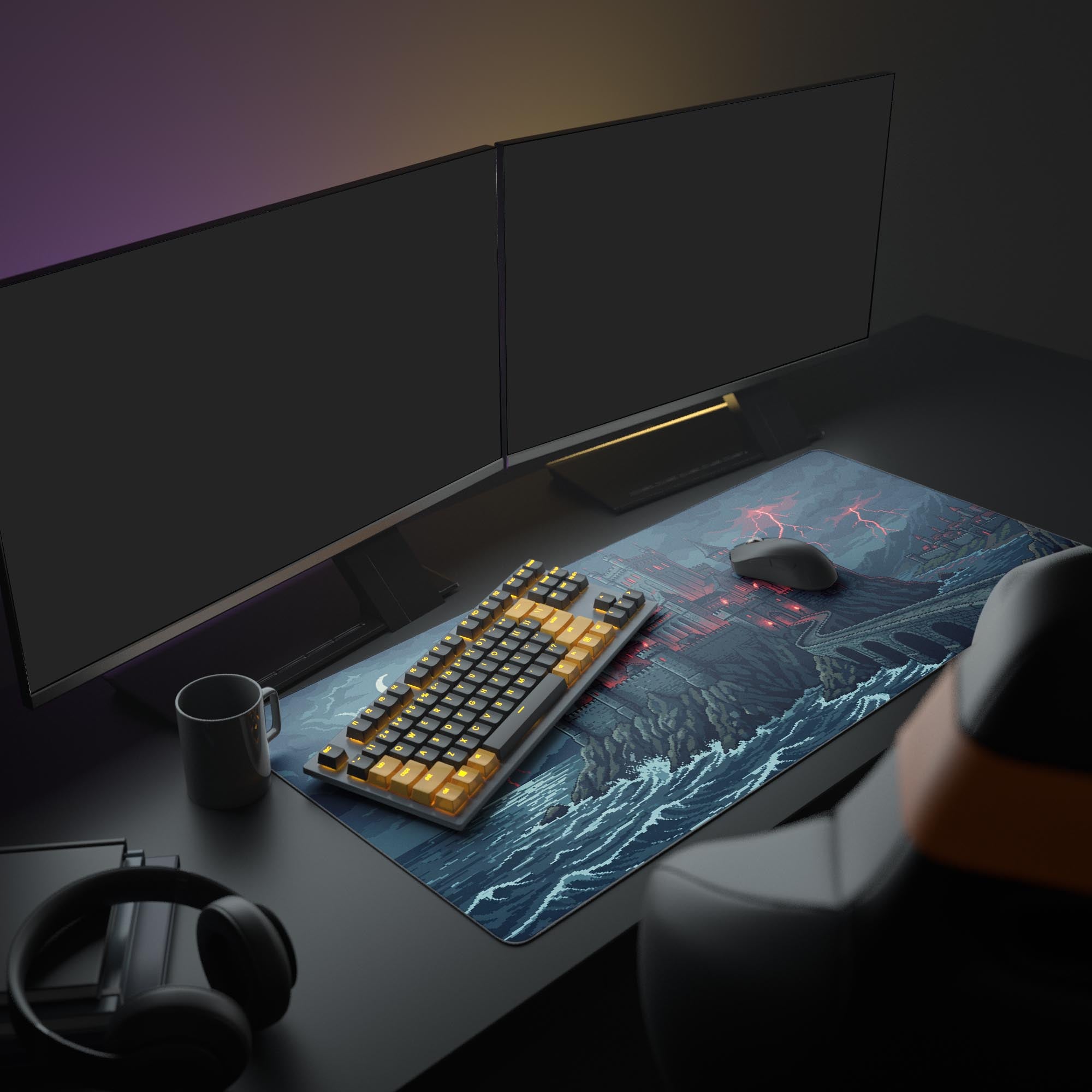 A gaming setup featuring the Pixel Citadel XL mouse pad. The dark fantasy castle design complements a glowing keyboard and mouse, creating an epic gaming atmosphere. - Epic Design Pads & Mousepads