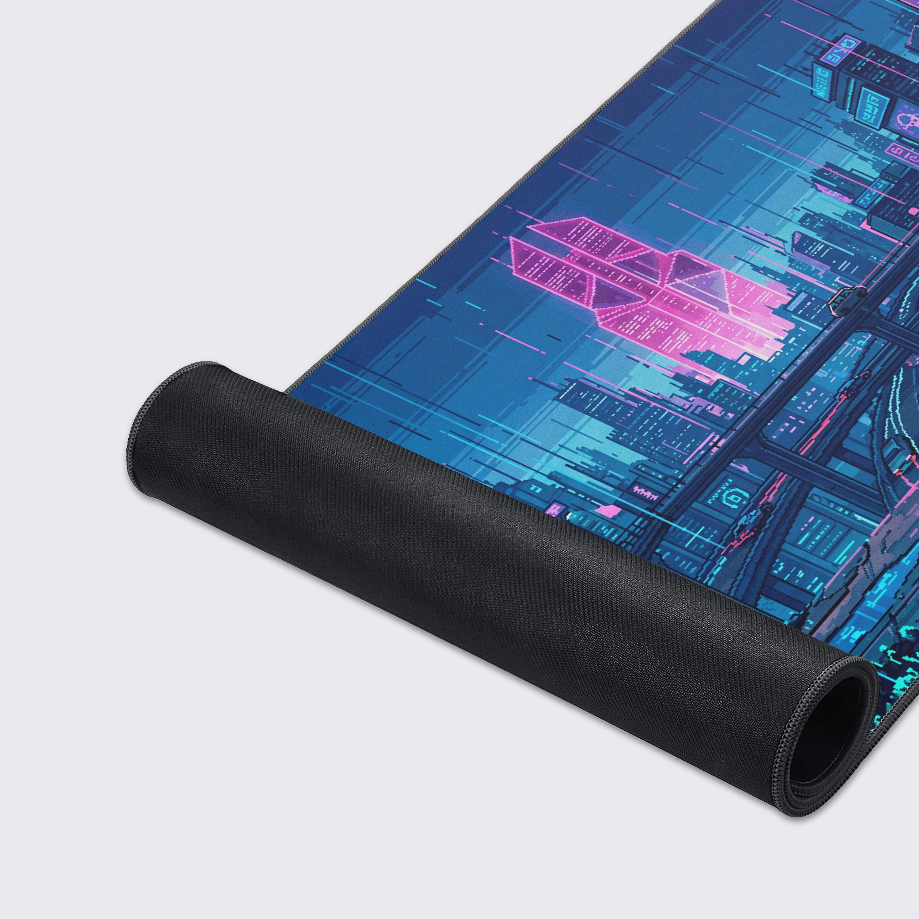 Waterproof and non-slip backing of the pixel art cityscape desk mat shown with feature icons.