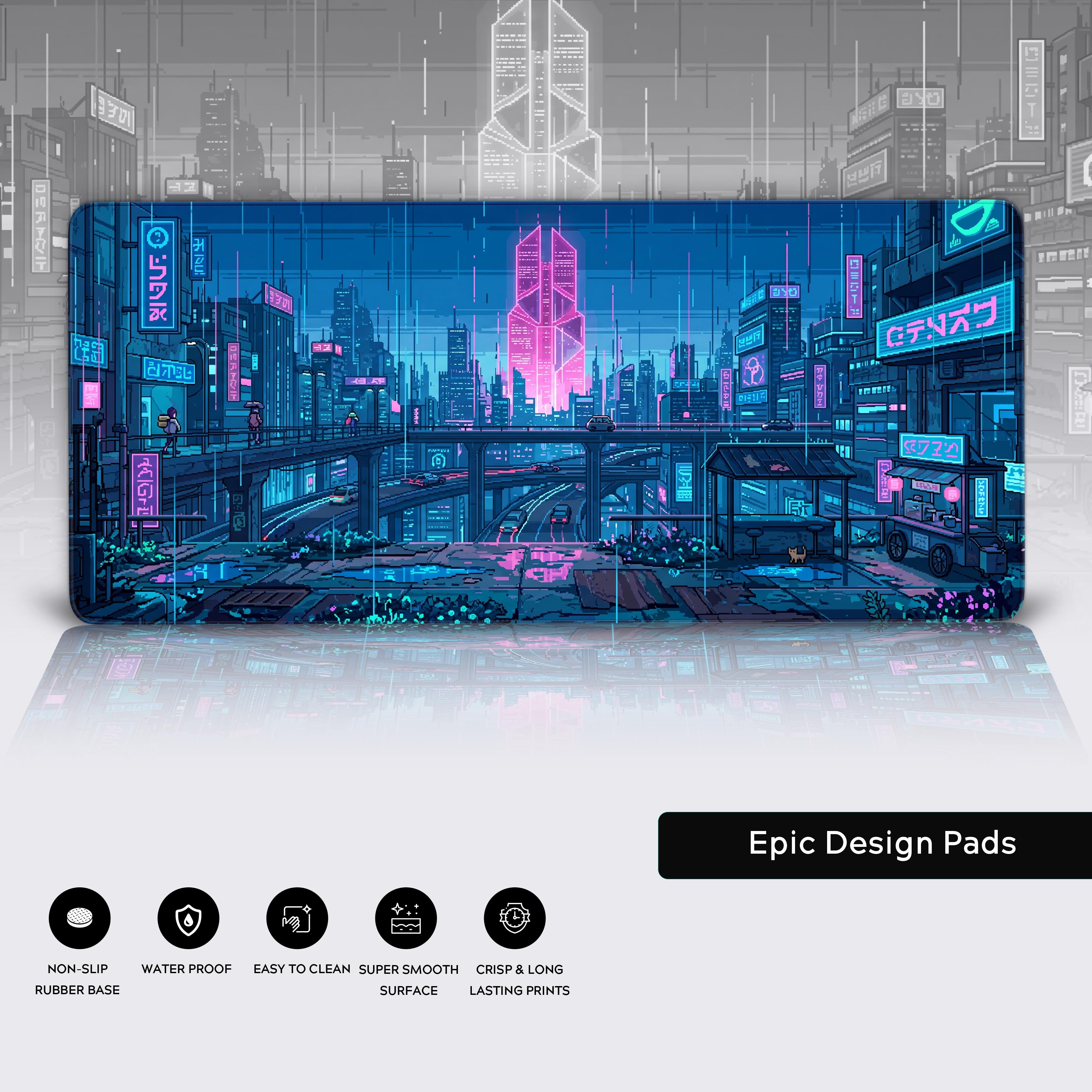 Epic Design Pads pixel art cyberpunk metropolis extended mousepad for gaming setups.