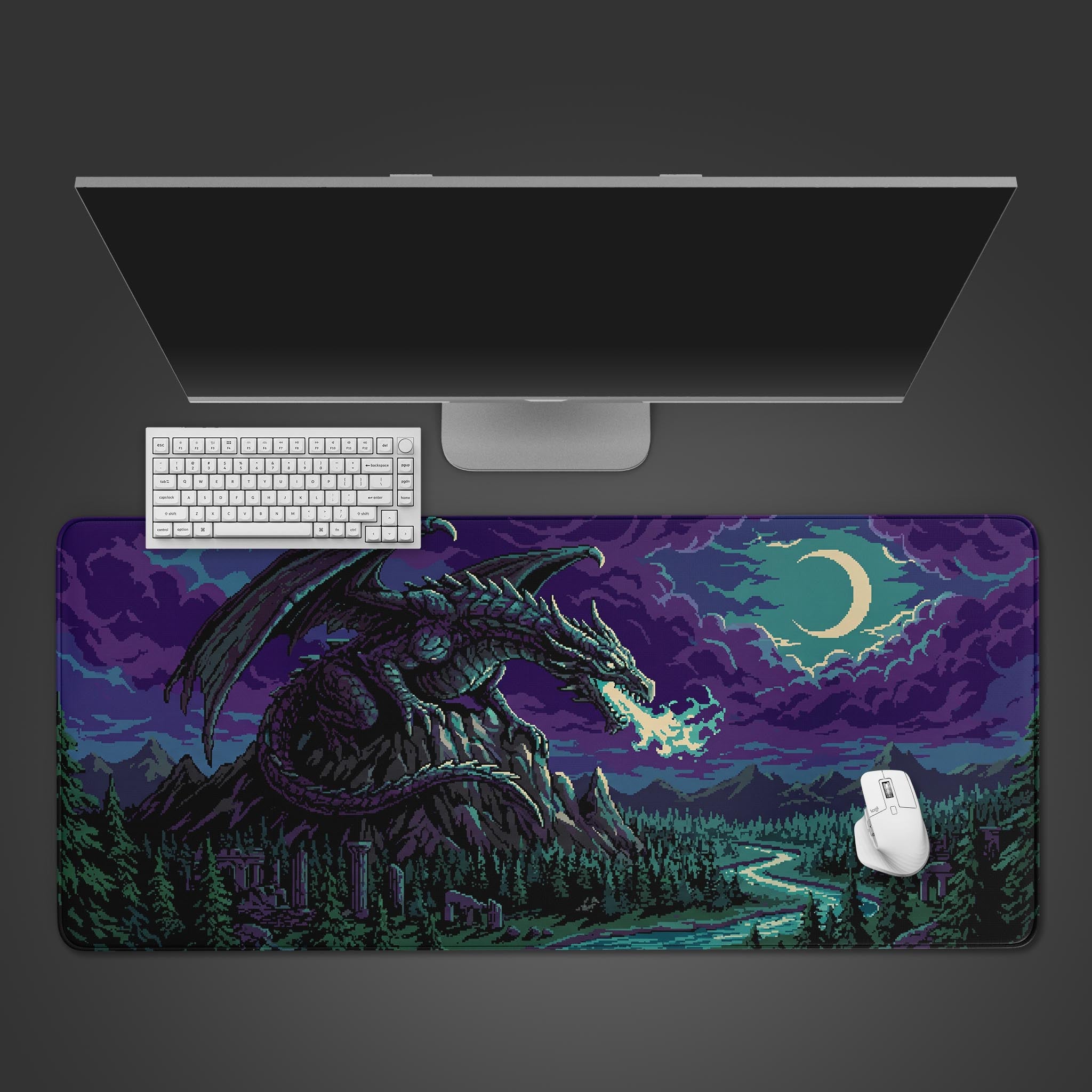 Pixel art desk mat featuring a dark dragon breathing blue fire on a mountain at night