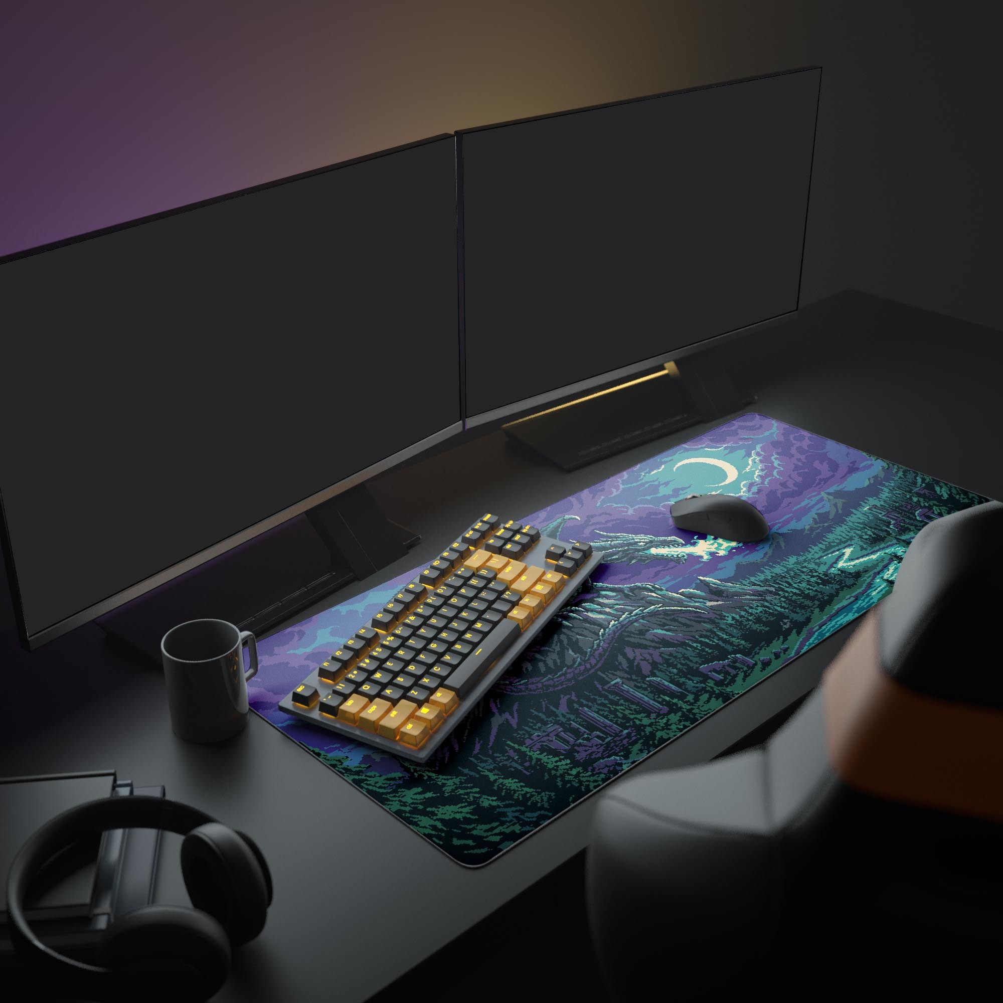 Close up of retro 16-bit dragon mouse pad design showing glowing cyan fire and purple moonlit clouds