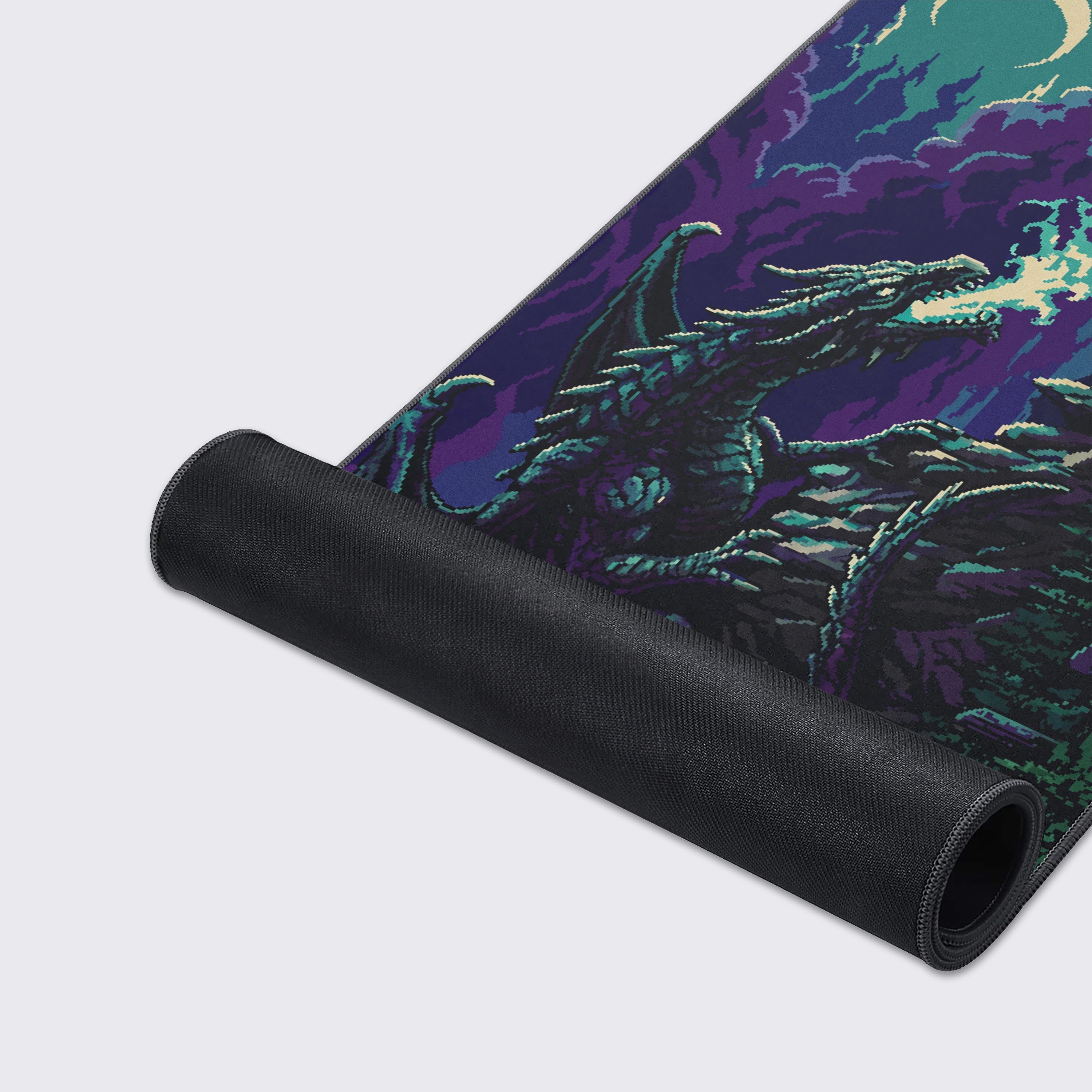 Product feature icons for the desk mat including non-slip rubber base, waterproof, and easy to clean
