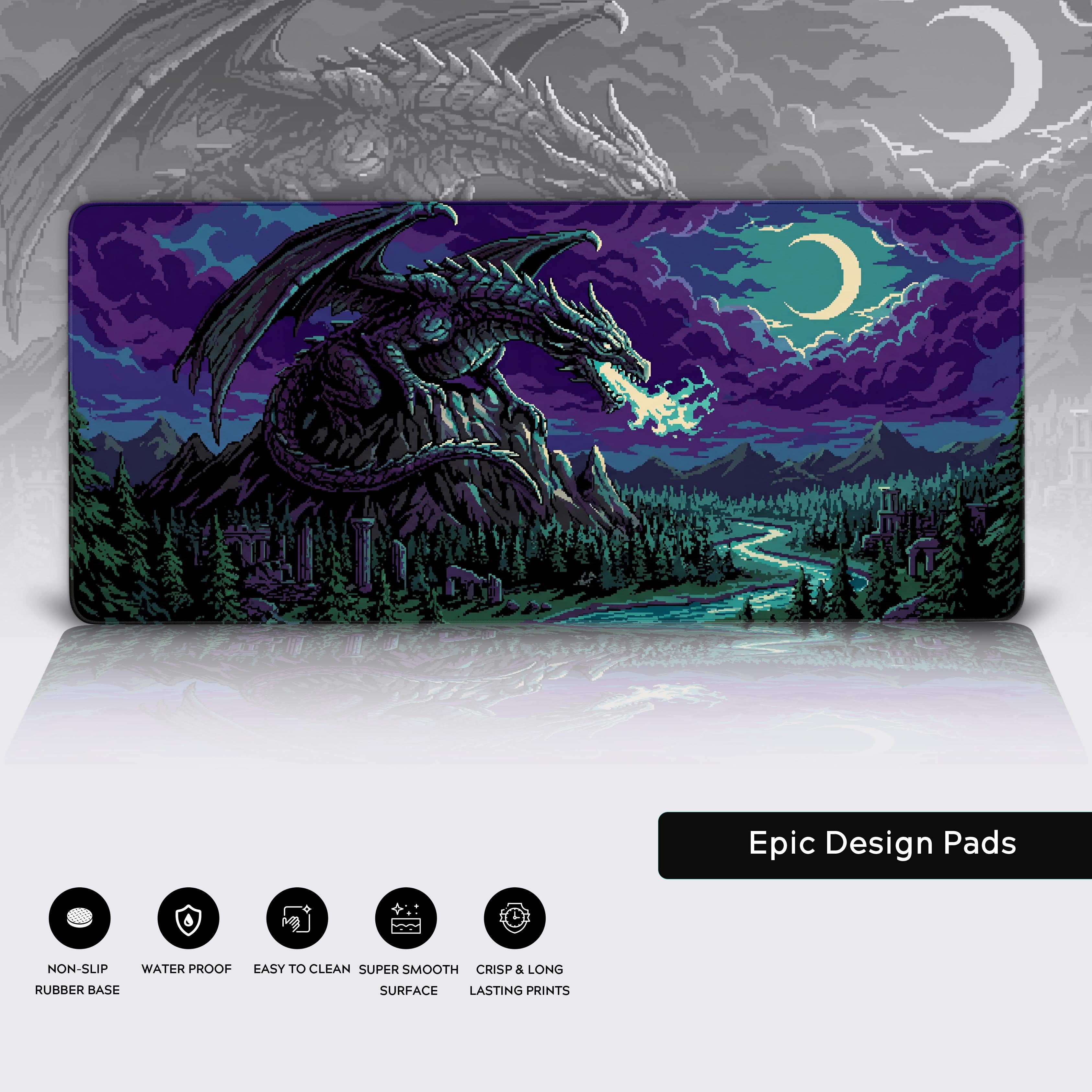 Full view of the Pixel Dragon gaming desk mat illustrating a fantasy forest, river, and ancient ruins