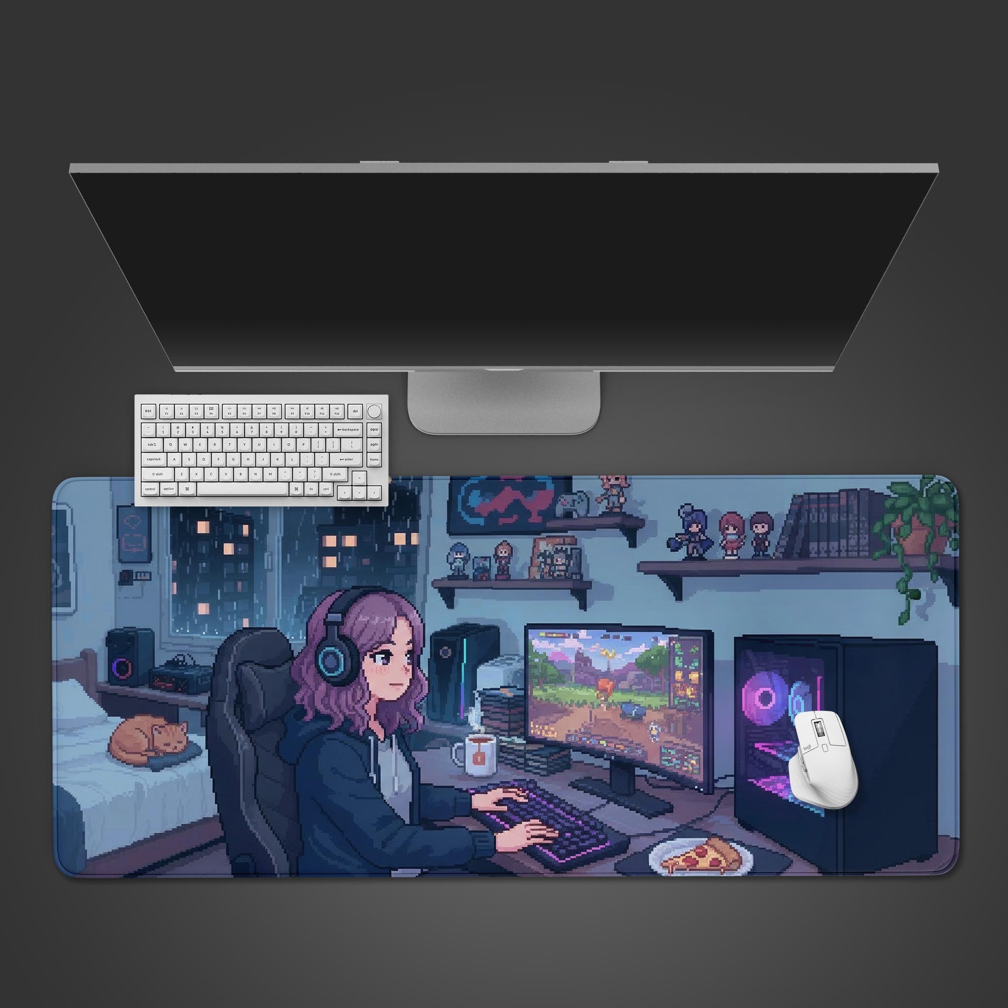Pixel Gamer desk mat with cozy room design – top-down view on a desk with a keyboard and gaming mouse. - Epic Design Pads