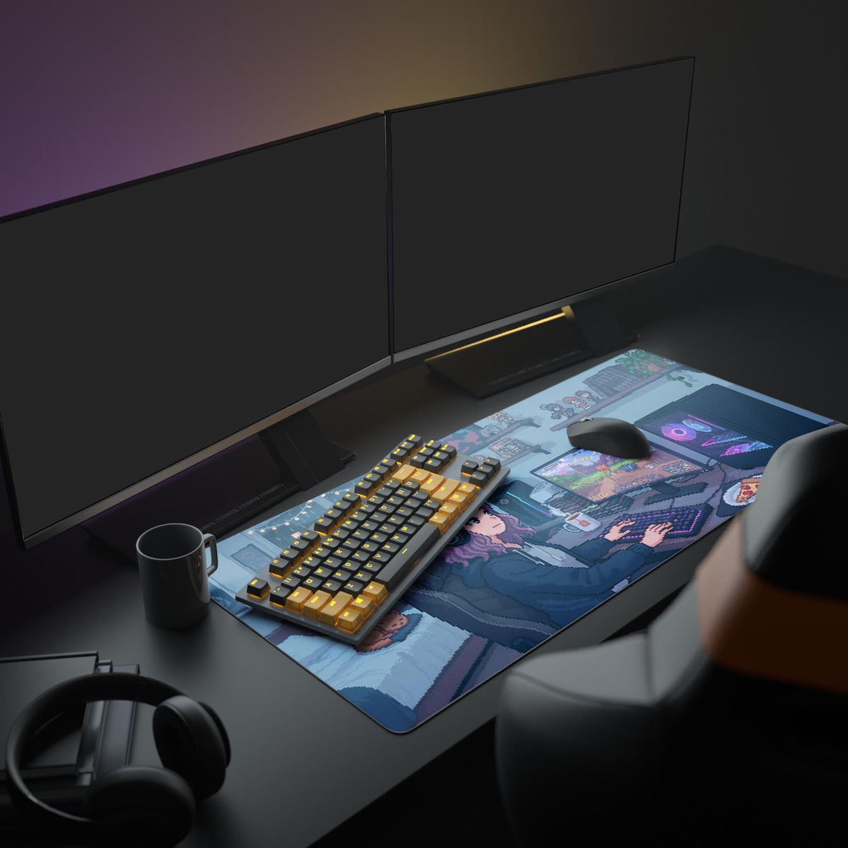 Large Pixel Gamer desk mat shown in a cozy gaming setup with a monitor, headphones, and warm string lights. - Epic Design Pads