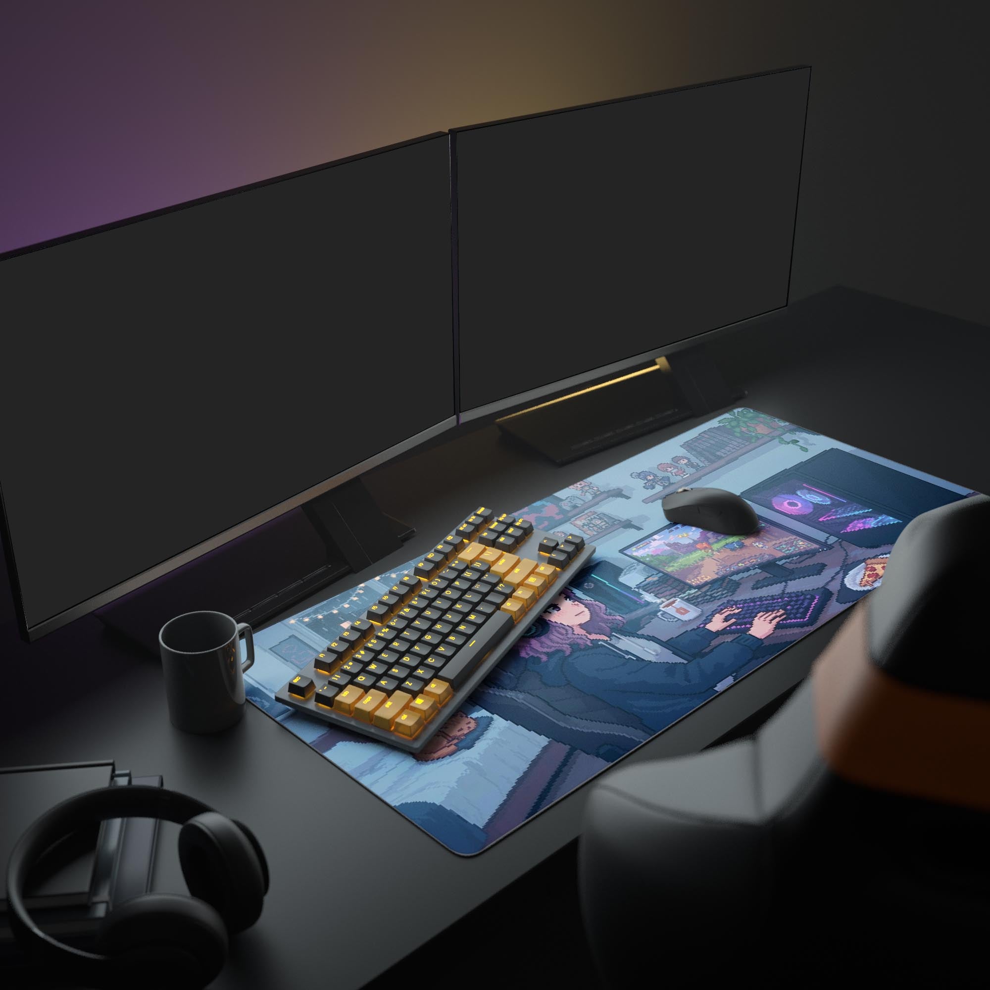 Large Pixel Gamer desk mat shown in a cozy gaming setup with a monitor, headphones, and warm string lights. - Epic Design Pads