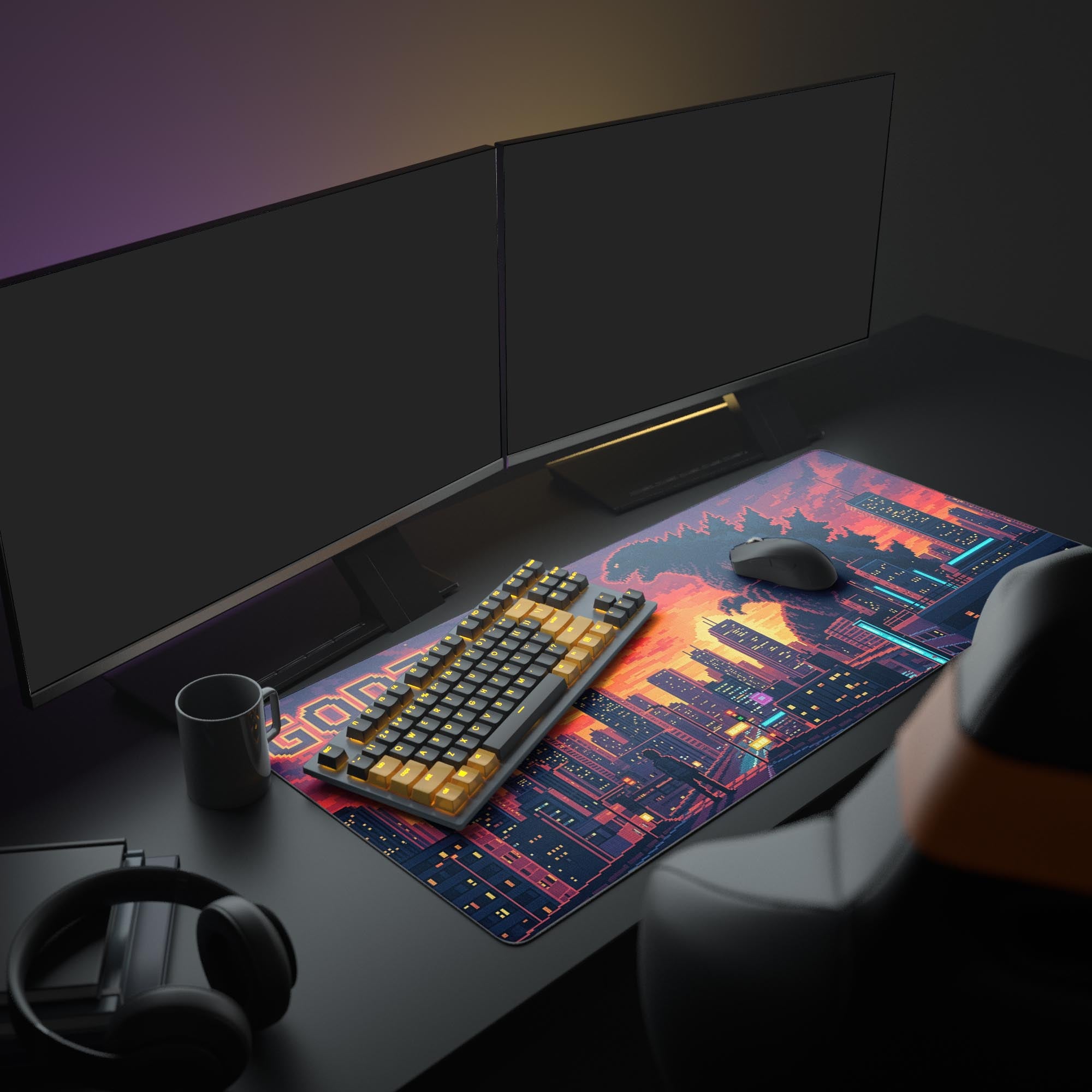 Pixel art Godzilla desk mat with retro cityscape and sunset background on gaming setup - Epic Design Pads & Mousepads