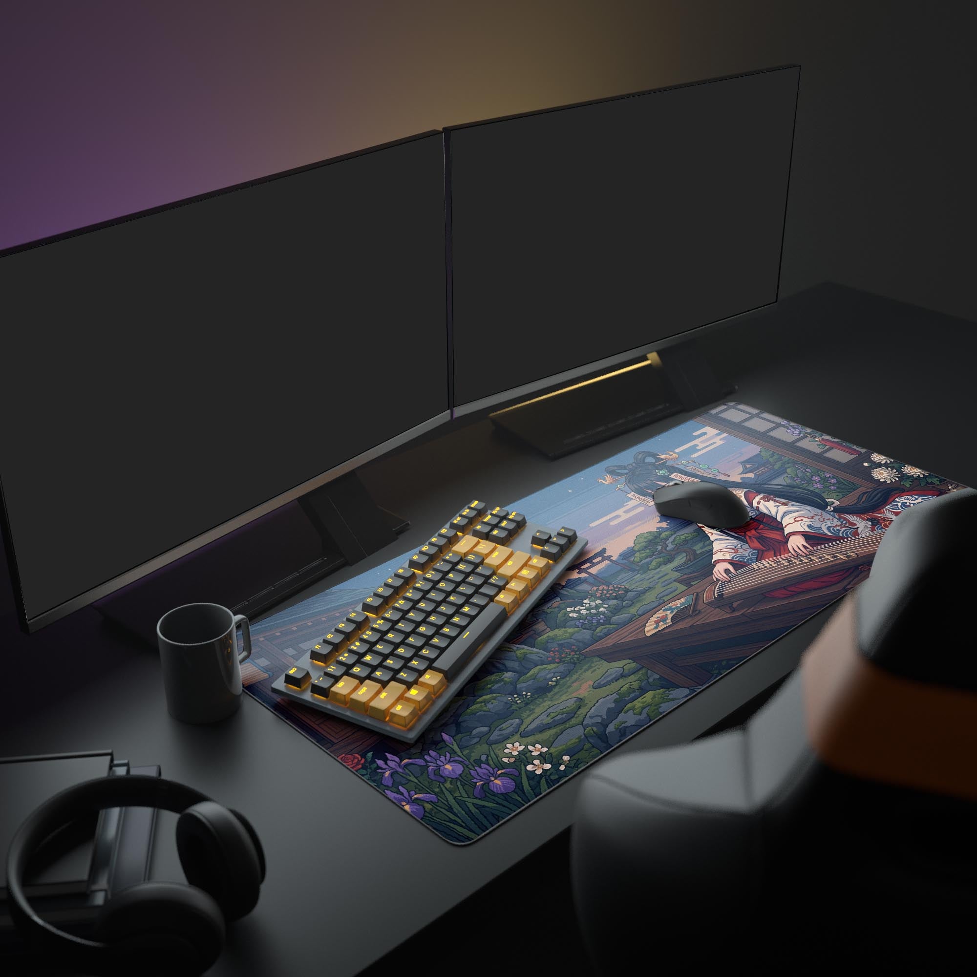The Pixel Harmony mouse pad enhances a full PC gaming setup, showing its vibrant retro anime art beneath dual monitors and peripherals. - Epic Design Pads & Mousepads