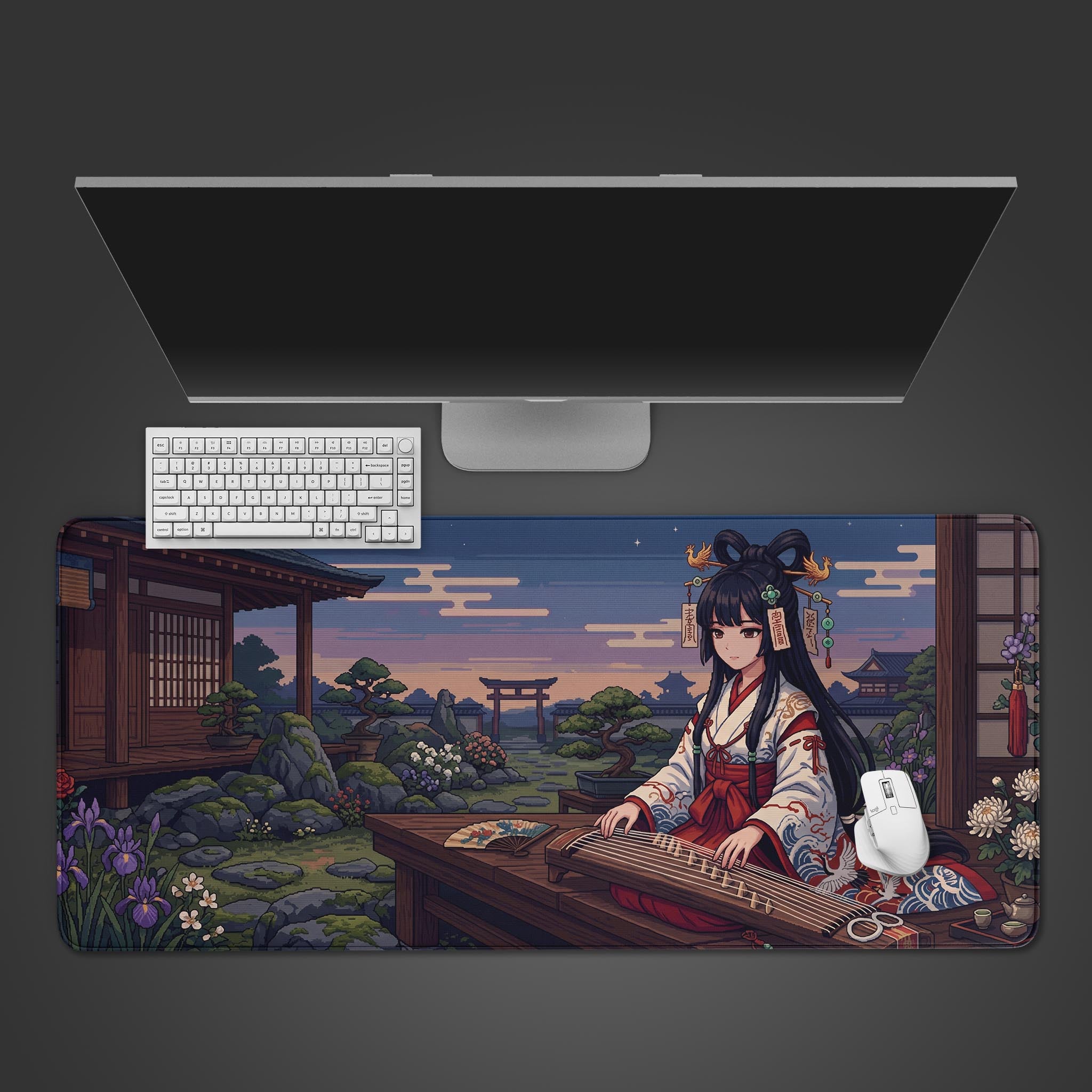 A top-down view of the Pixel Harmony gaming desk mat with its Japanese pixel art design, displayed with a white keyboard and mouse on a dark desk surface. - Epic Design Pads & Mousepads