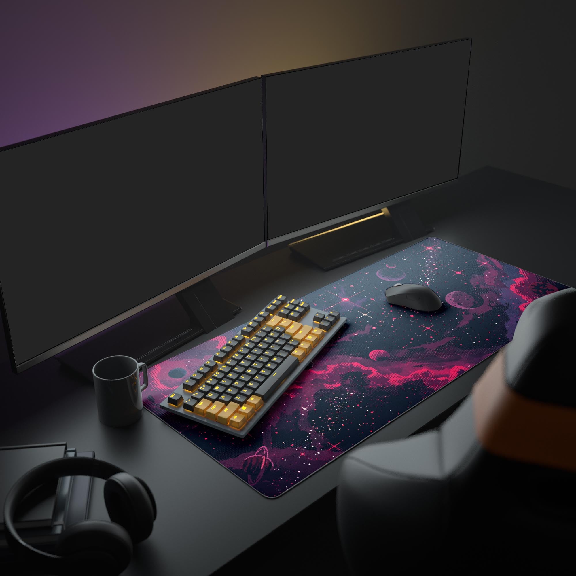 A full PC setup featuring the Pixel Inferno desk mat. The retro space design complements a gaming keyboard and mouse, creating an immersive gaming mouse pad experience. - Epic Design Pads & Mousepads