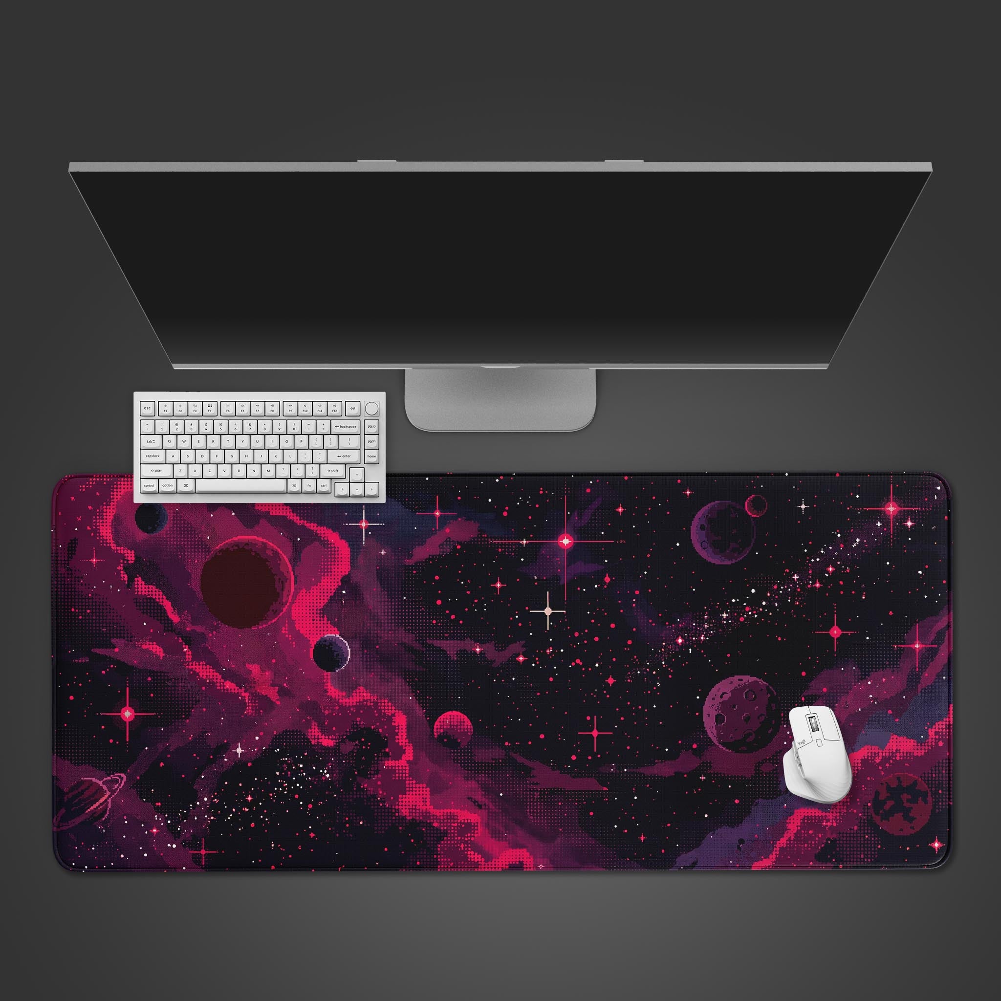 Top-down view of the Pixel Inferno gaming desk mat with its 8-bit red nebula design. A white keyboard and mouse are positioned on the large, space-themed mouse pad. - Epic Design Pads & Mousepads