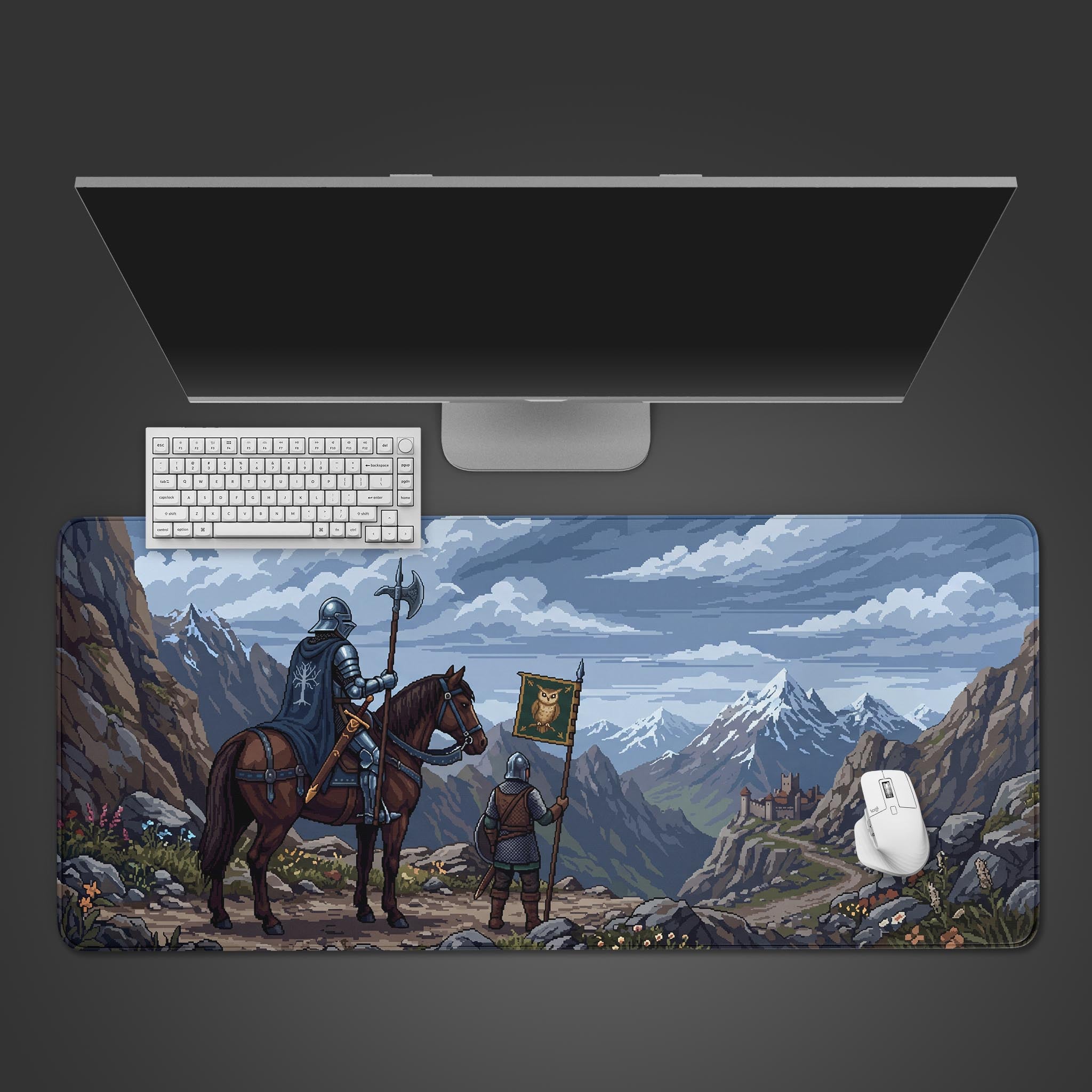 Pixel art medieval knight on horseback overlooking a mountain fortress desk mat
