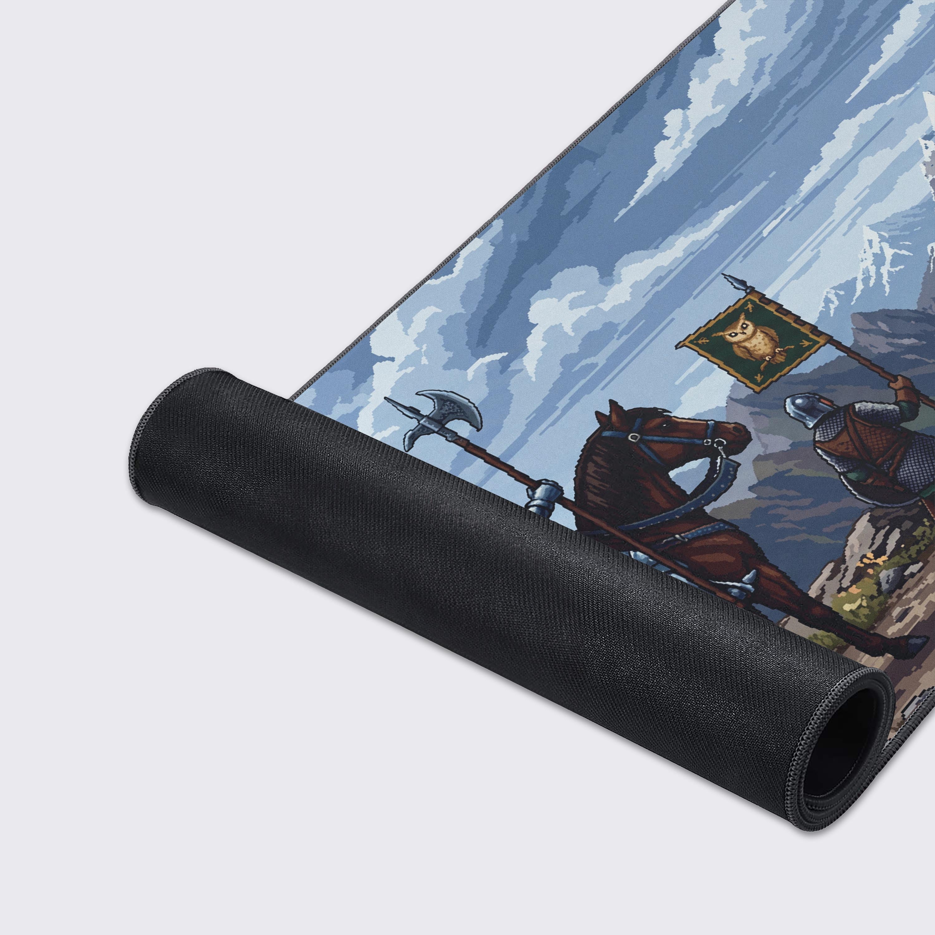 Close-up of vibrant 16-bit pixel art knight and banner on extended desk pad