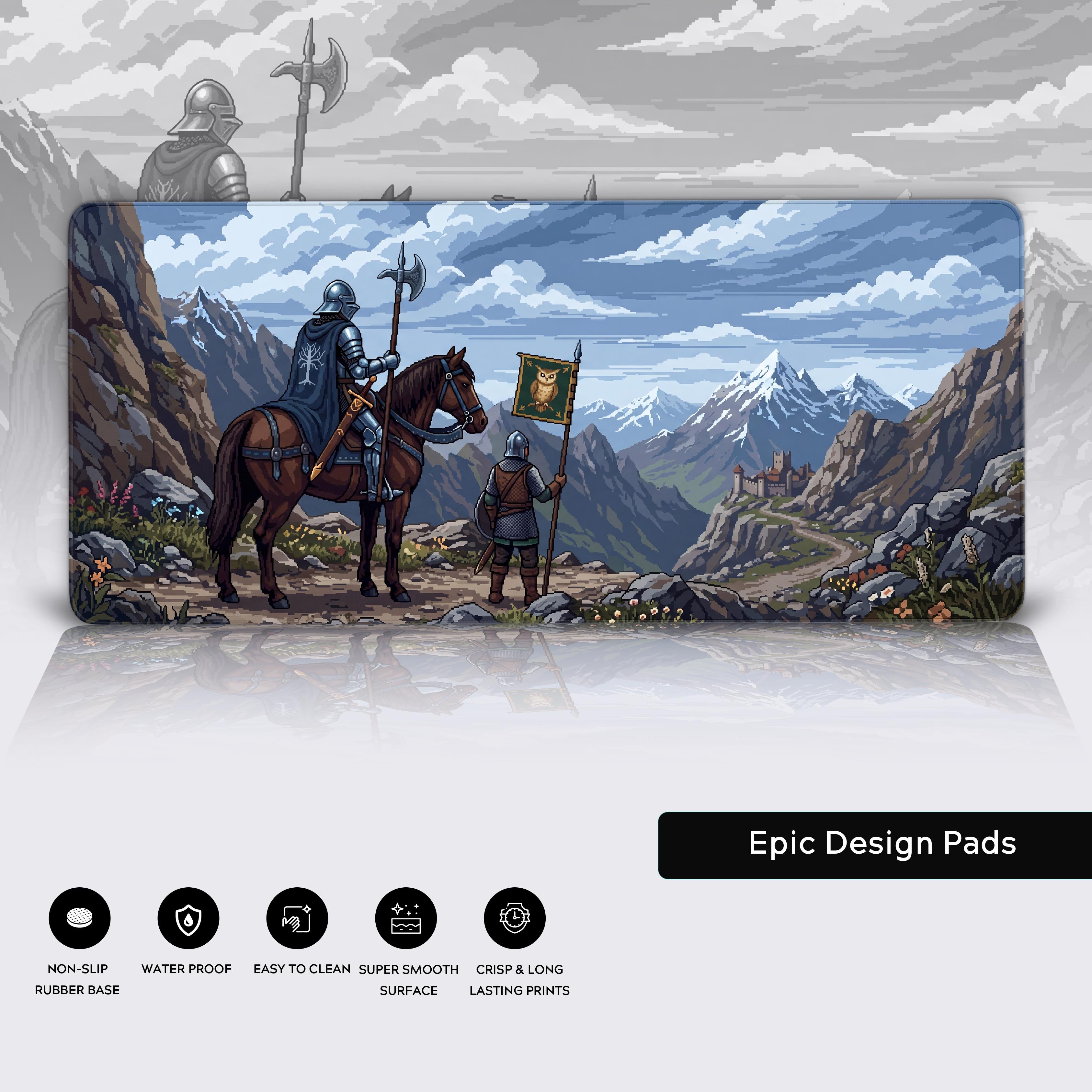 Waterproof and non-slip gaming desk mat with classic pixel art fantasy design