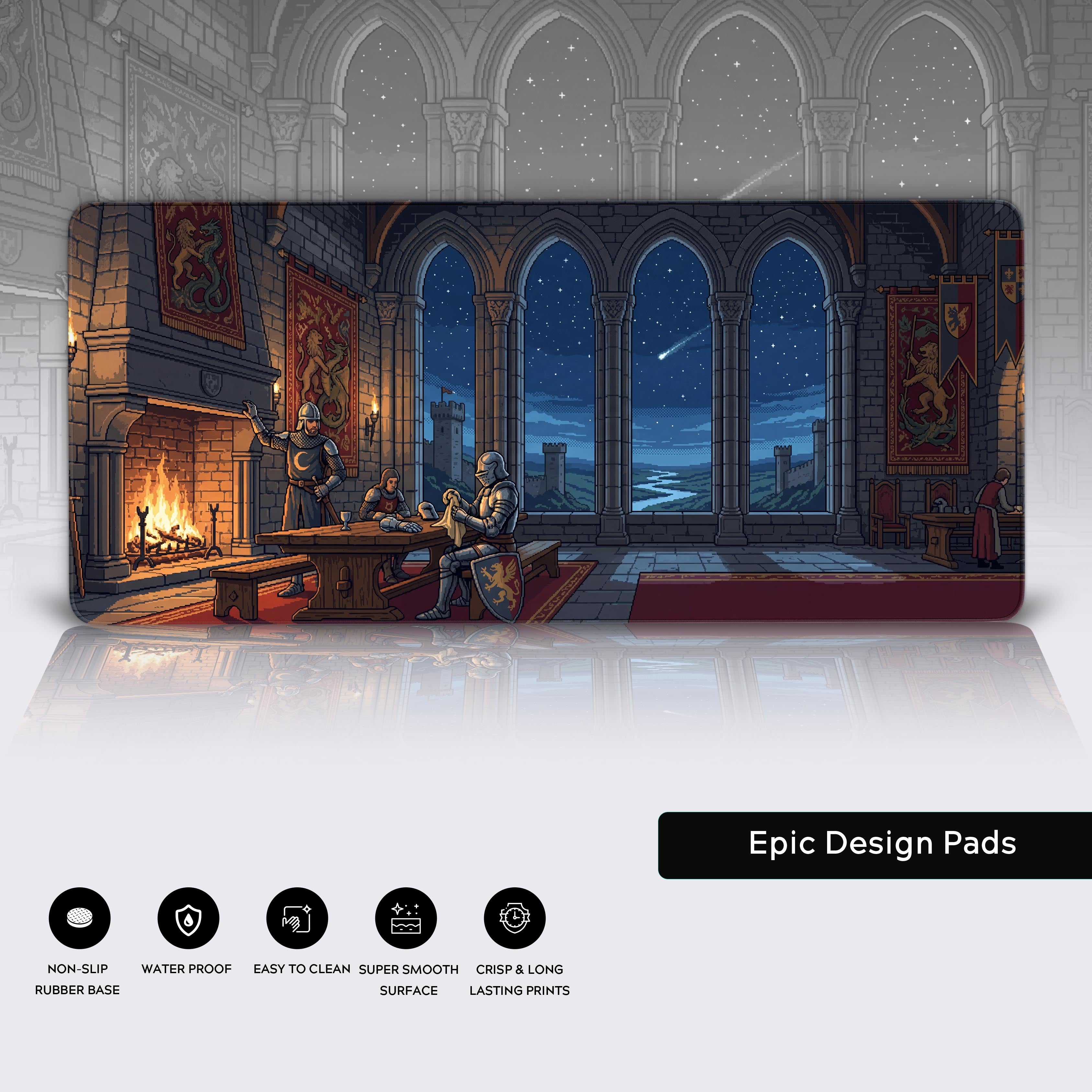 Epic Design Pads feature icons highlighting non-slip base, waterproof, easy to clean, and smooth surface below the medieval desk mat.