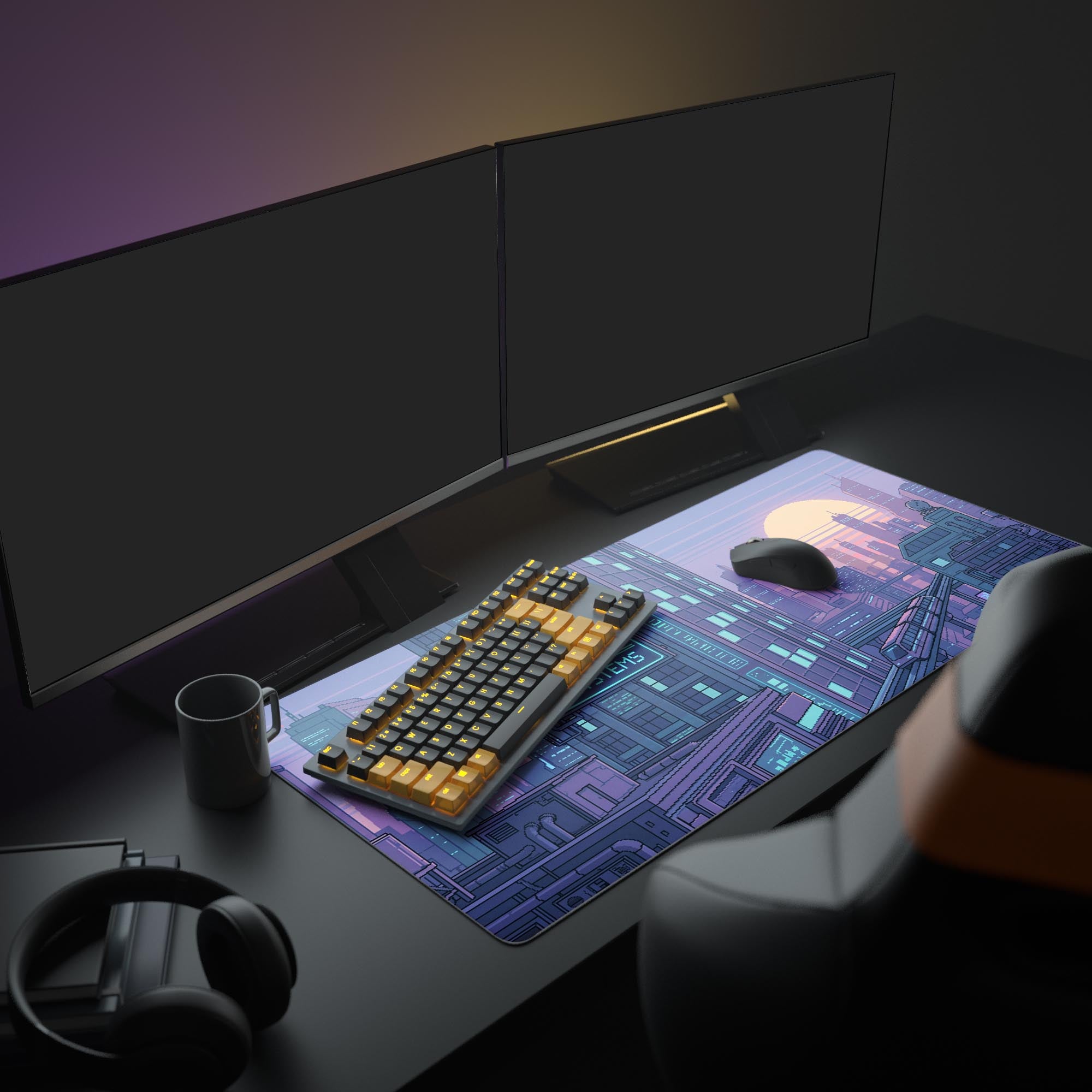 Close up view of the pixel art desk mat showing a neon sign reading Neo-Tokyo Co. Data Systems.