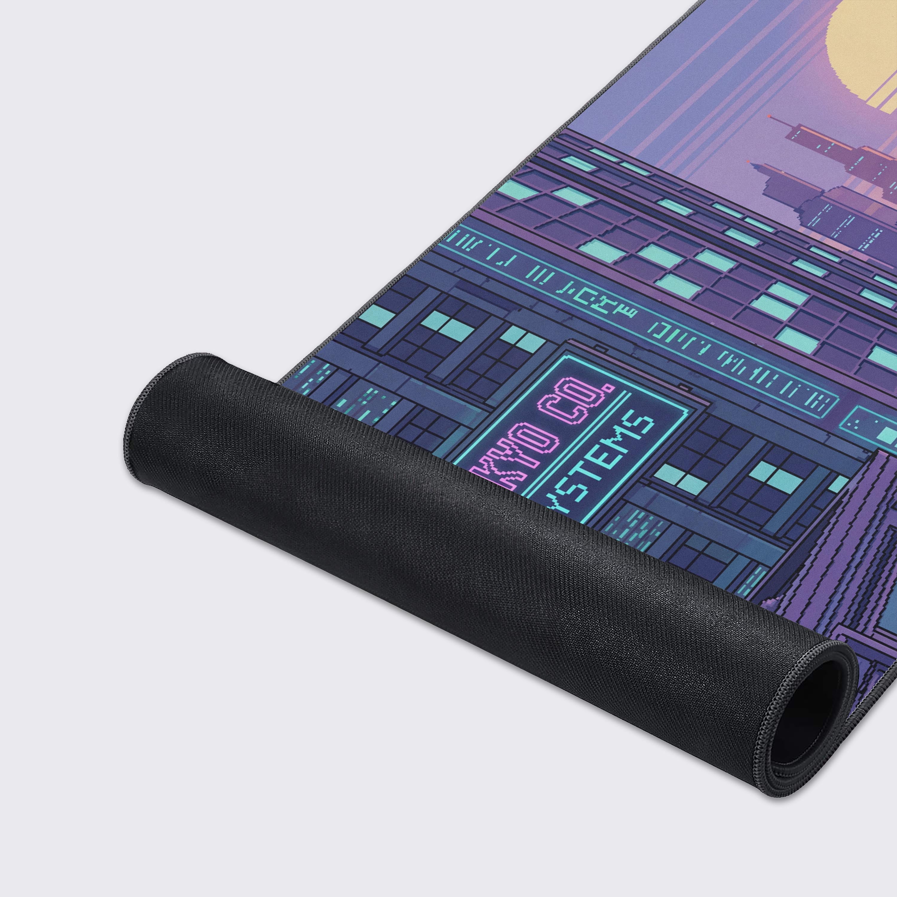 Detail of the desk mat artwork featuring a large yellow setting sun behind a retro futuristic city skyline.