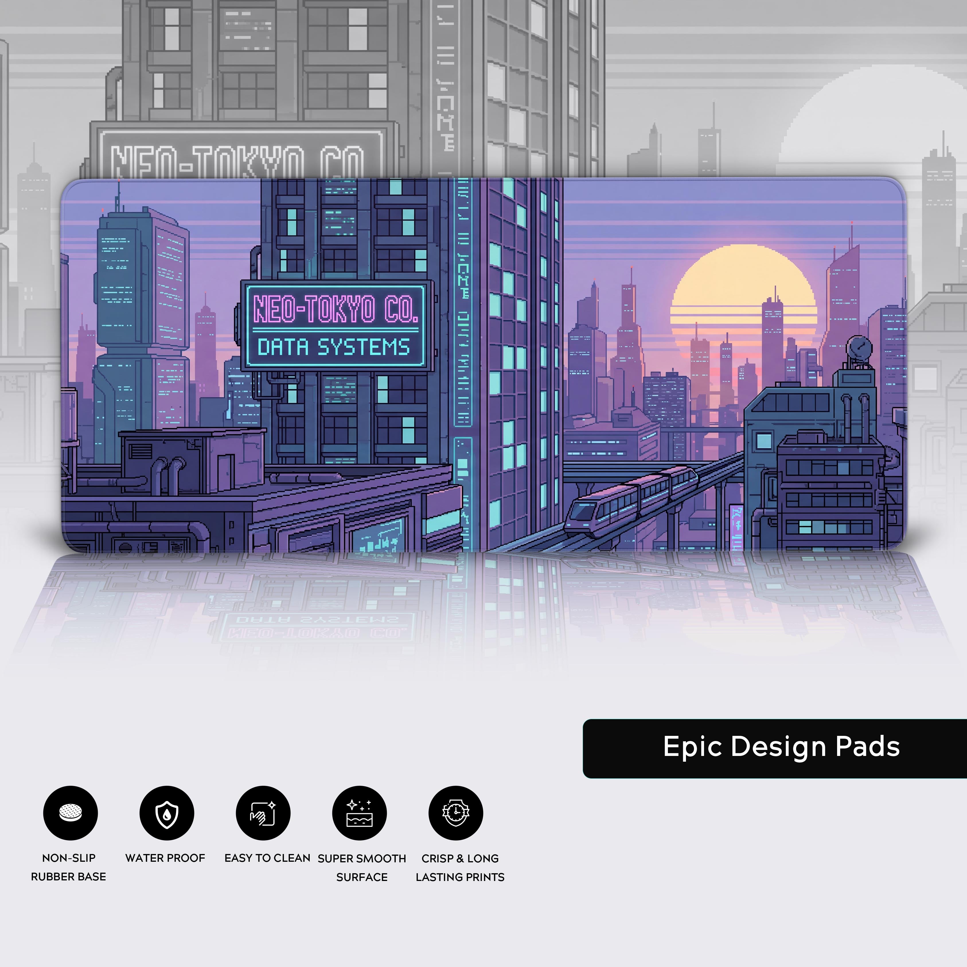 Full view of the synthwave pixel art mouse pad with a monorail train crossing the neon-lit cyberpunk city.