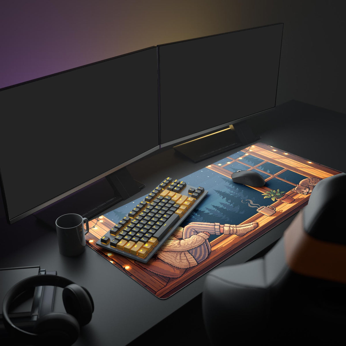 Large pixel art gaming desk mat with a moonlight cabin theme. Shown in a cozy desk setup with a monitor, keyboard, and a steaming mug. - Epic Design Pads & Mousepads