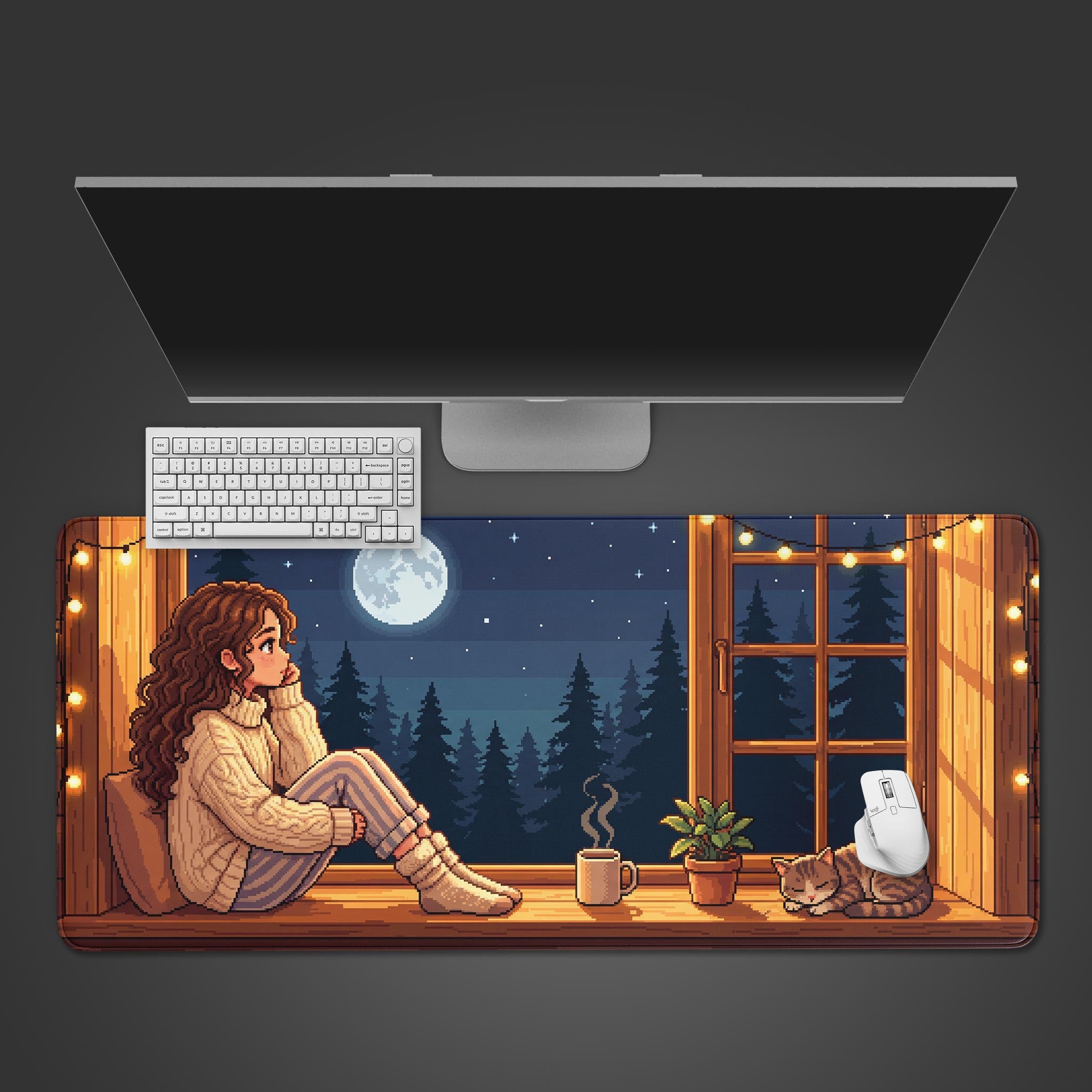 Pixel art desk mat with a cozy cabin and moonlight forest design. Top-down view on a desk with a keyboard and mouse, showing its large size. - Epic Design Pads & Mousepads