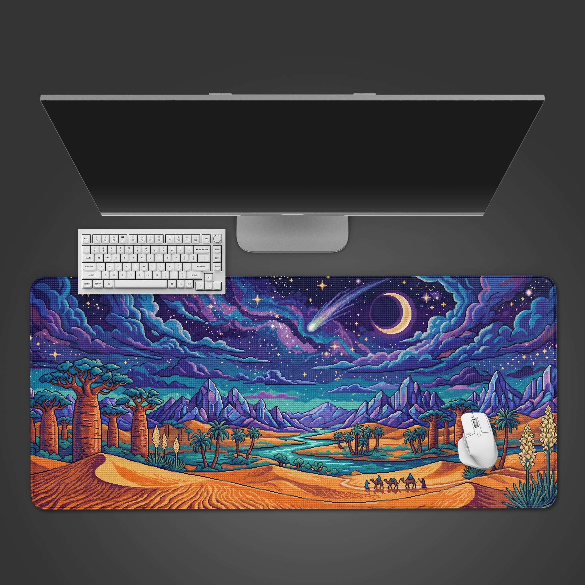 A vibrant pixel art desk mat featuring a desert oasis with baobab trees and a starry night sky.