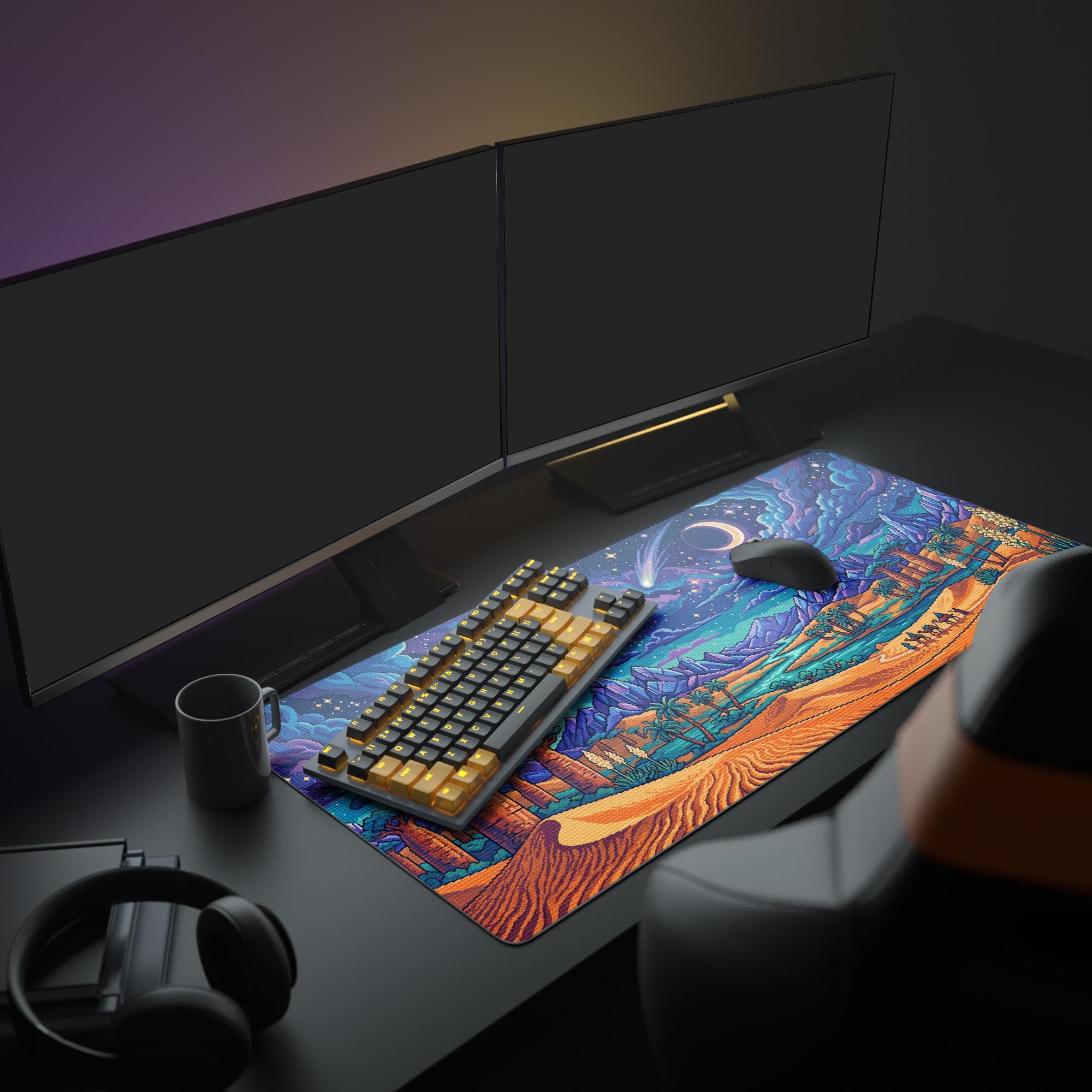 Close-up of the desk mat design showing pixelated camels crossing orange sand dunes under a giant crescent moon.