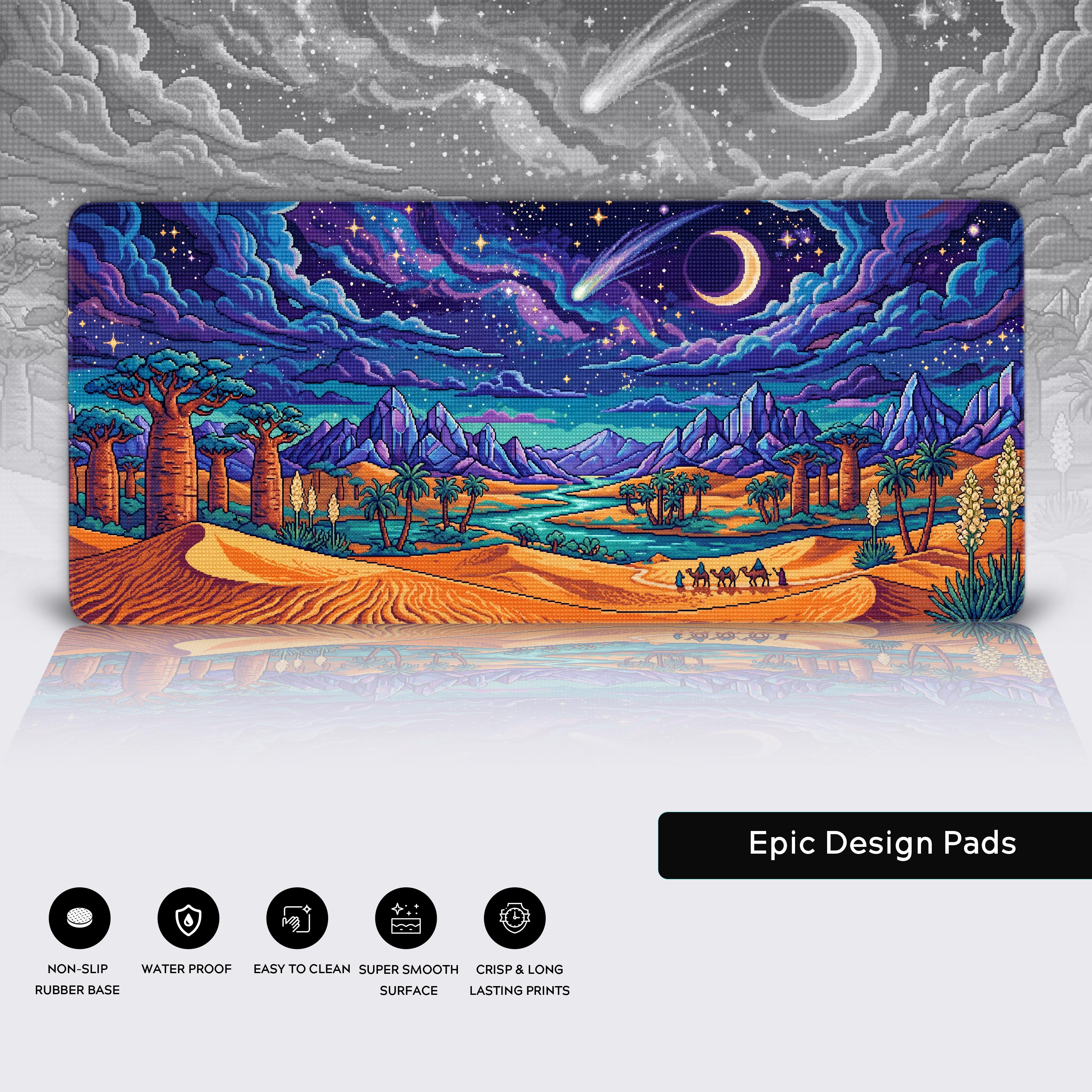 Infographic highlighting desk mat features: non-slip rubber base, water-proof, easy to clean, super smooth surface, and crisp long-lasting prints.