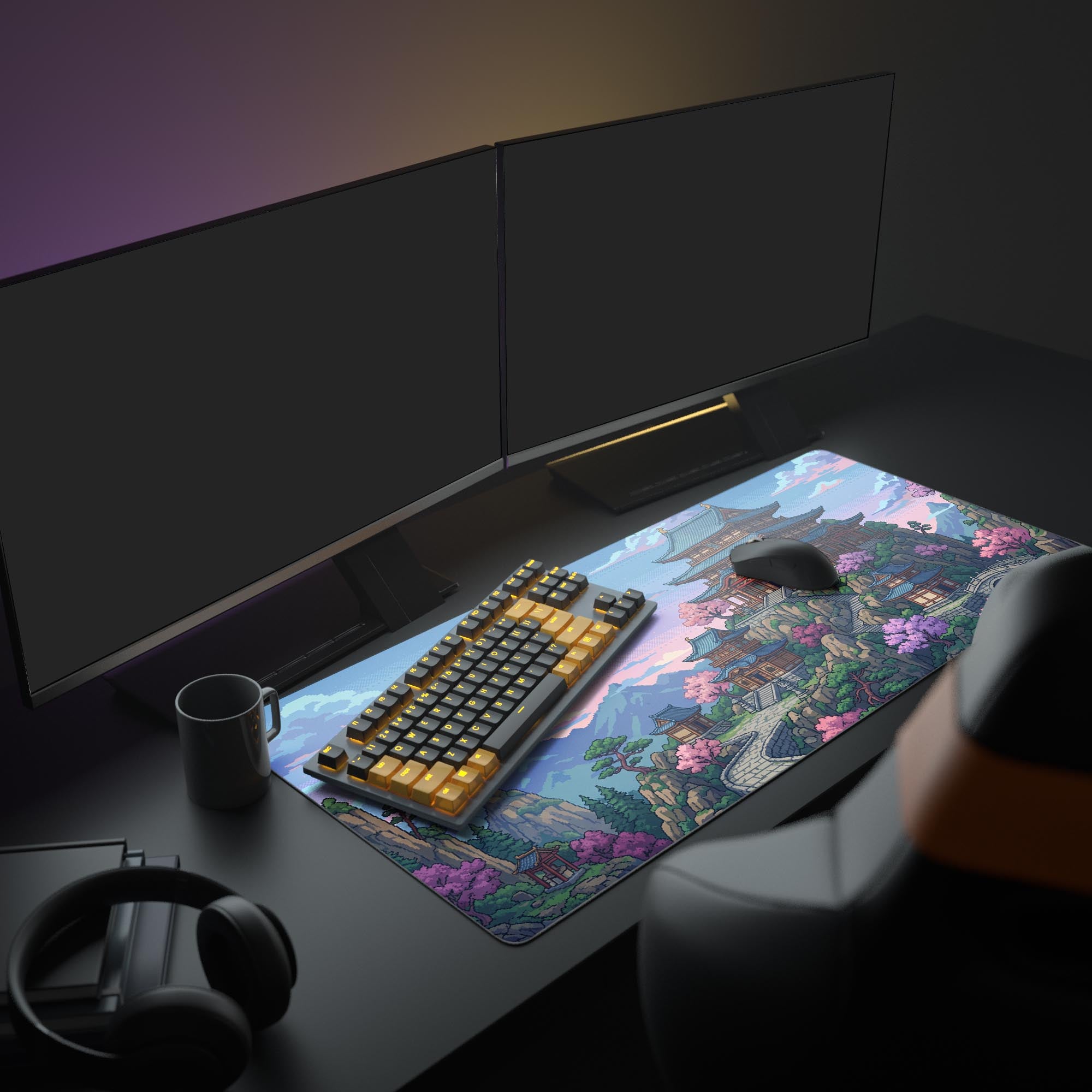 A full gaming PC setup featuring the Pixel Pagoda Peak Gaming Desk Mat, creating a serene Japanese pixel art aesthetic with multiple monitors and peripherals. - Epic Design Pads & Mousepads
