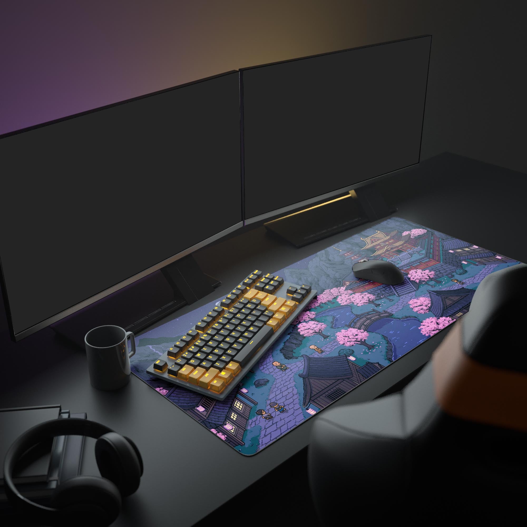 Large pixel art gaming desk mat with Japanese temple scene – shown in a retro gaming setup with dual monitors and headphones. - Epic Design Pads & Mousepads