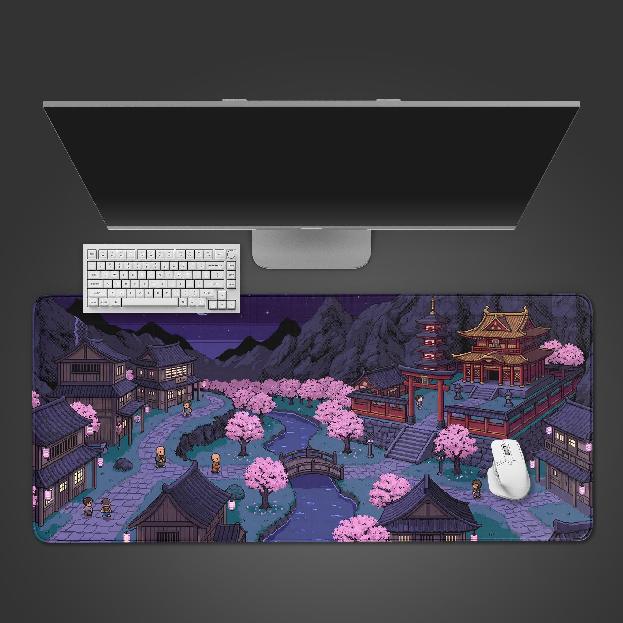 Pixel art desk mat with 8-bit Japanese temple design at night – desktop view with a keyboard and mouse. - Epic Design Pads & Mousepads