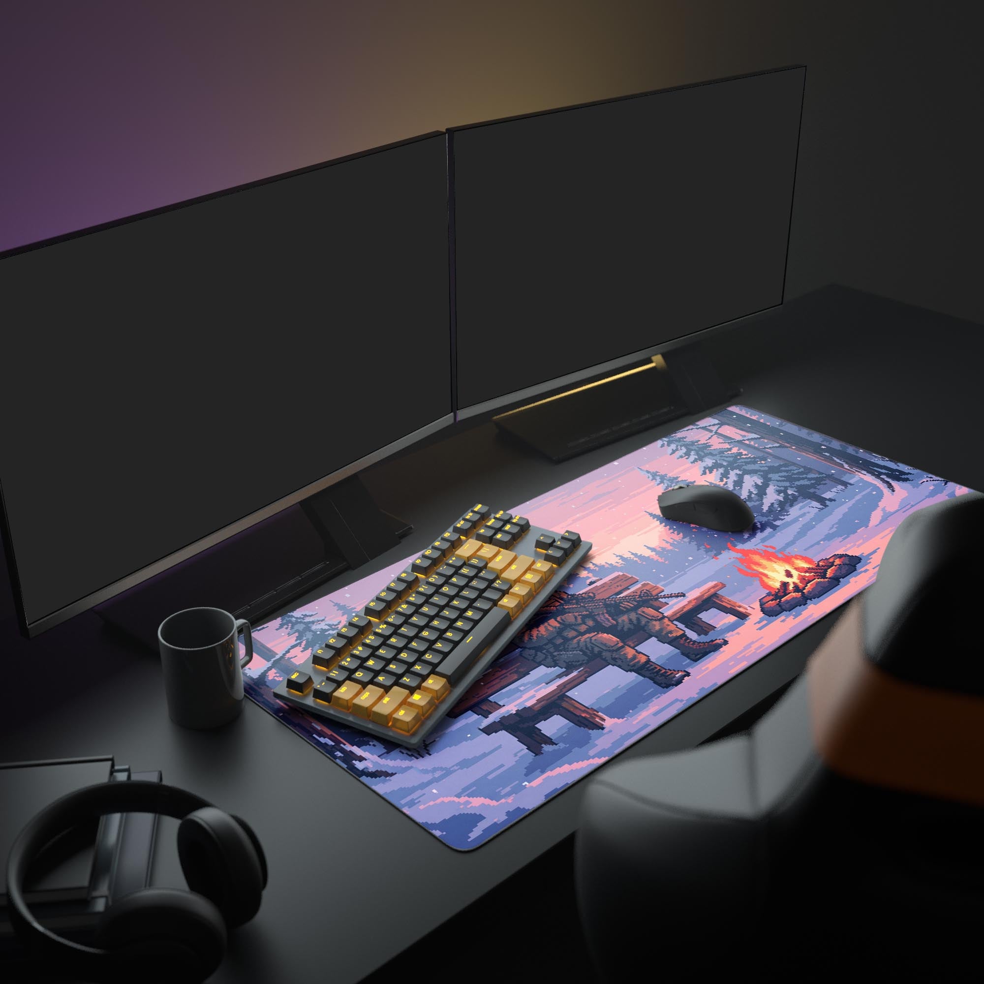 Large 8-bit gaming desk mat with a campfire scene, shown in a cozy desk setup with dual monitors, headphones, and ambient lighting. - Epic Design Pads & Mousepads