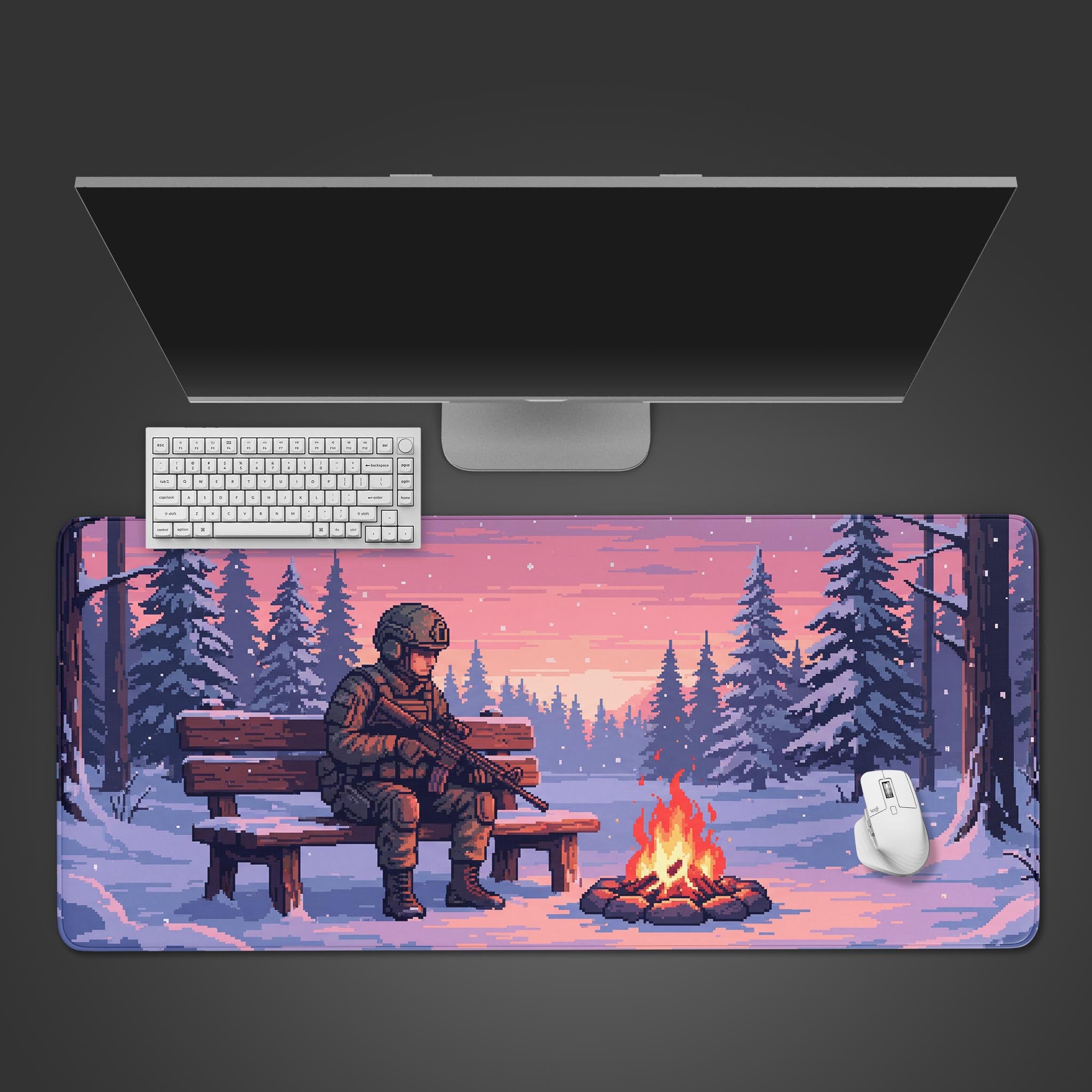 Pixel art desk mat showing an 8-bit knight by a campfire in a winter forest. Top-down view with a mechanical keyboard and gaming mouse. - Epic Design Pads & Mousepads