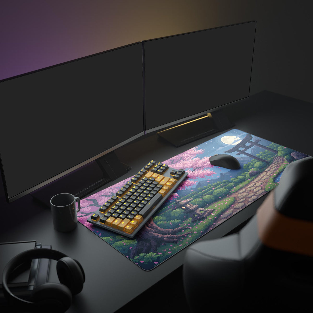 Large Japanese gaming desk mat with pixel sakura art in a cozy desk setup. Shown with a mechanical keyboard, dual monitors, and headphones for an aesthetic workspace. - Epic Design Pads & Mousepads