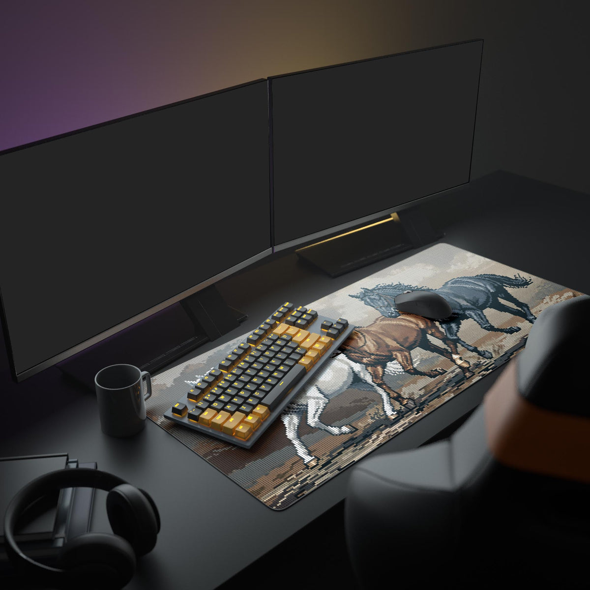 A full gaming setup featuring the Pixel Stampede XL mouse pad. The 8-bit horse design complements dual monitors and an illuminated keyboard, creating a powerful, retro-themed battle station. - Epic Design Pads & Mousepads