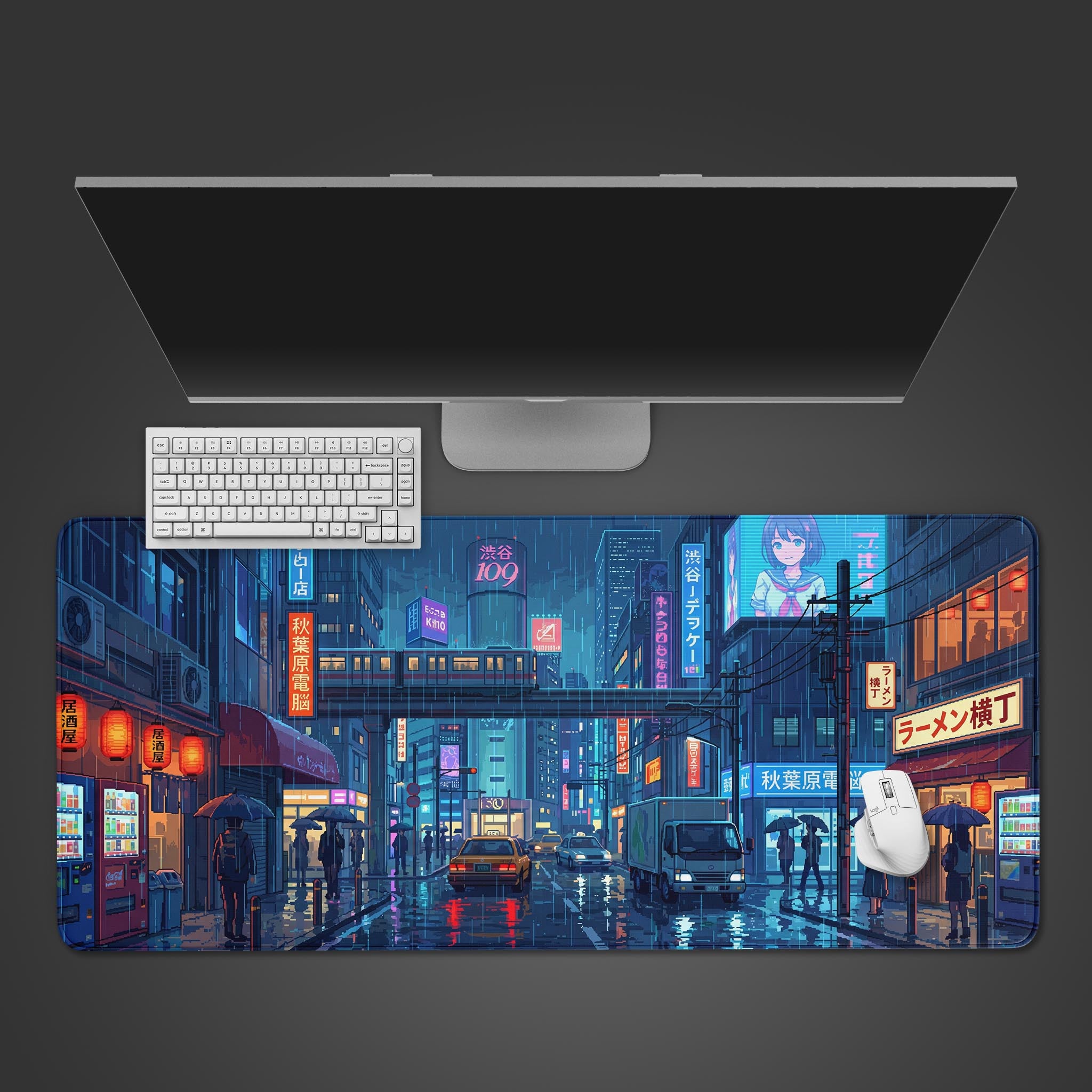 Pixel art desk mat featuring a rainy Japanese street scene at night with neon lights