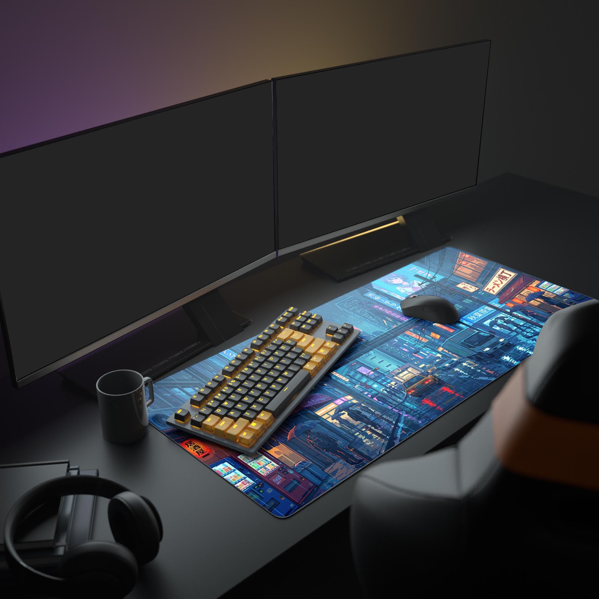 Close-up of retro lo-fi pixel art mousepad design showing glowing reflections on a wet street
