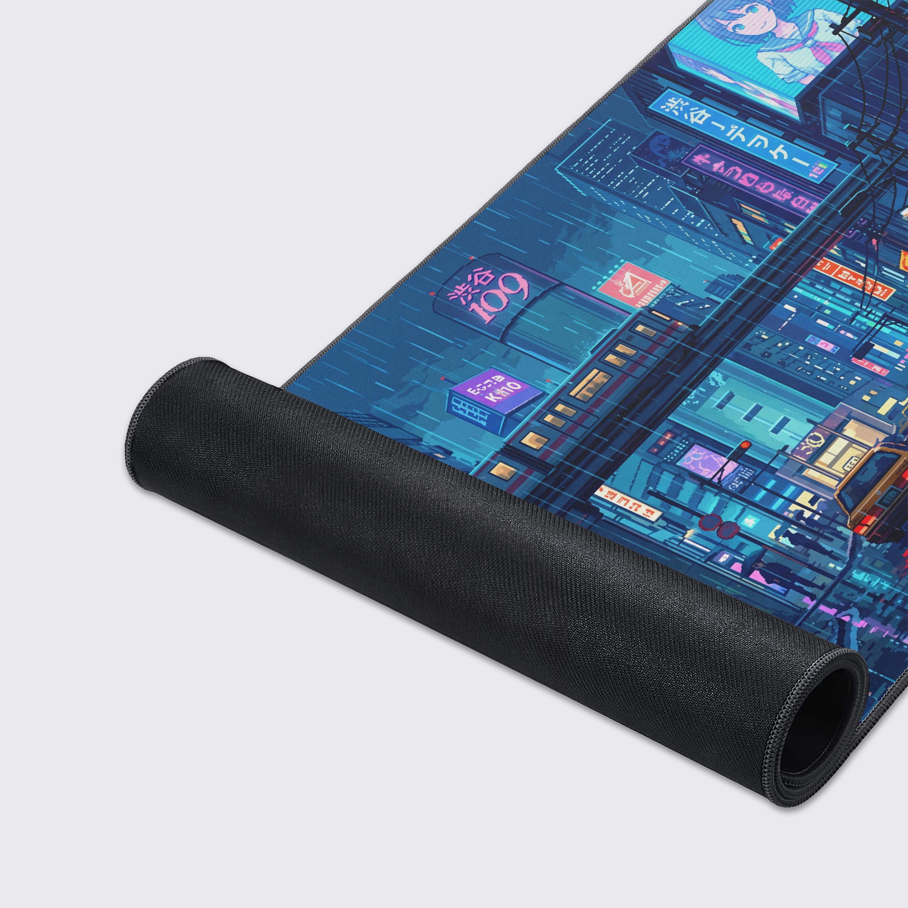 XL gaming pad with cozy Tokyo aesthetic, a passing train, and colorful ramen neon signs