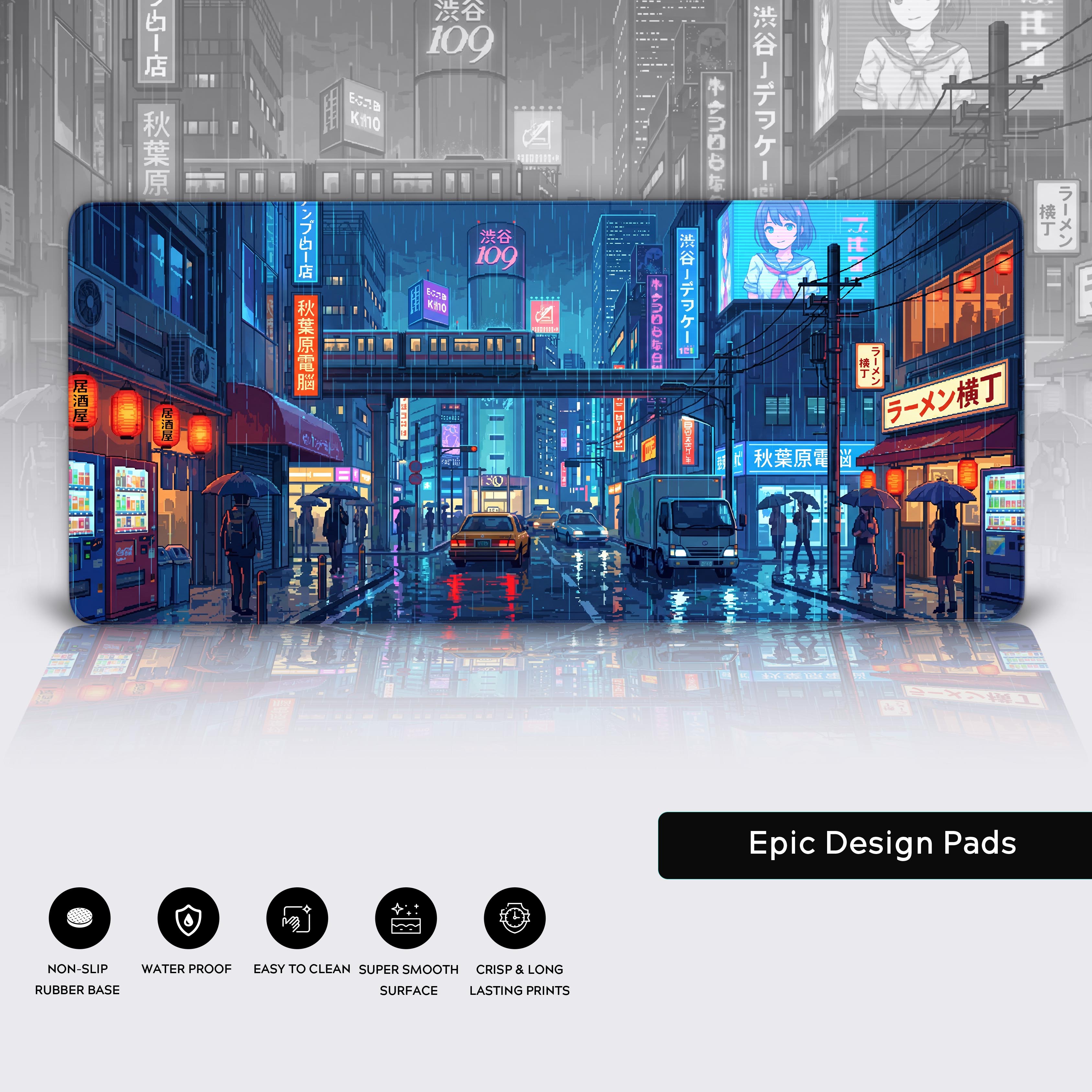 Feature icons for the desk mat highlighting non-slip rubber base, waterproof coating, easy to clean surface, and crisp prints