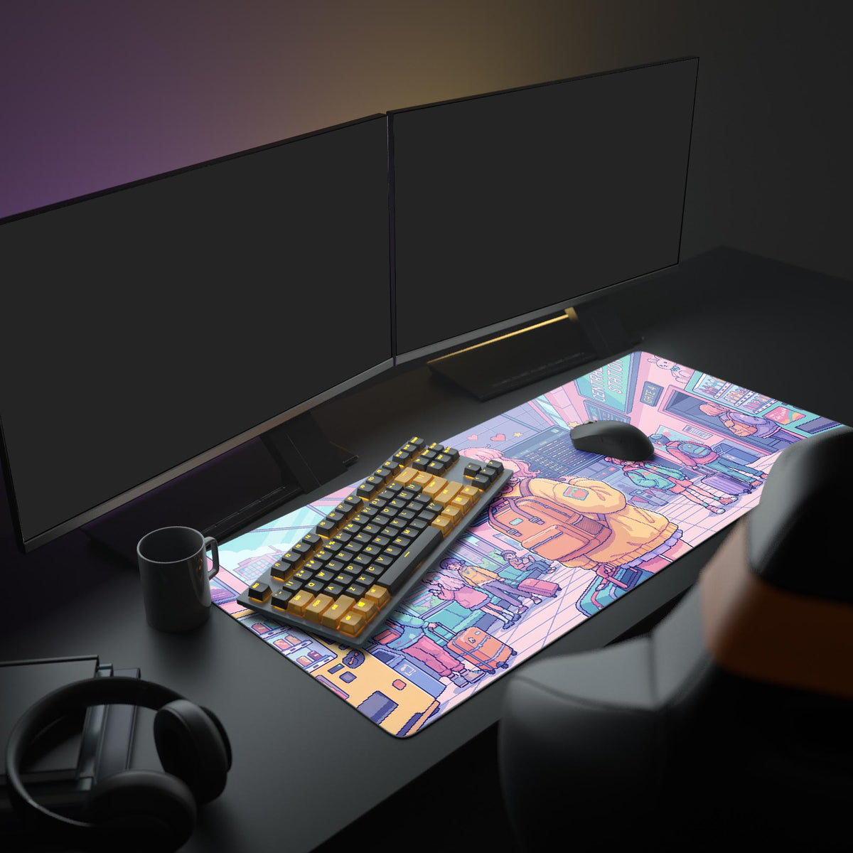 The Pixel Transit anime mouse pad enhancing a cozy PC setup, with a monitor displaying a blank screen, keyboard, and mouse, capturing the lo-fi pixel art aesthetic. - Epic Design Pads & Mousepads
